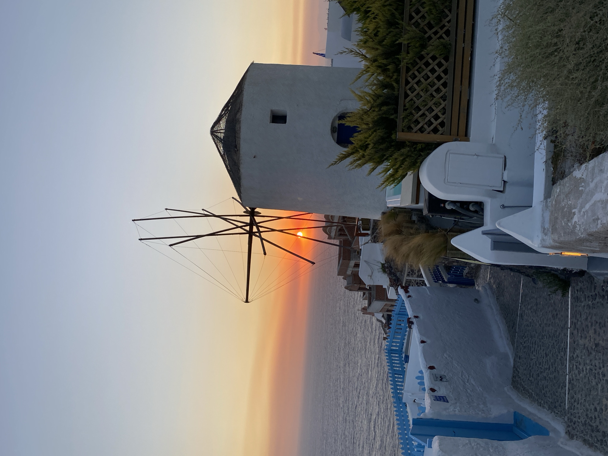 The image depicts a sunset over the Aegean Sea in Oia, Santorini, Greece. In the foreground, a white windmill with dark sails stands prominently. The windmill is part of a complex of white, cubic buildings with blue accents, characteristic of the Cycladic architectural style. A narrow, cobblestone path winds between these buildings, lined with more white structures and small blue fences. Lush green bushes are visible in the foreground, framing the scene. The sky transitions from a pale blue at the top to warm oranges and yellows near the horizon, where the sun is setting, casting a glow on the sea. The windmill's sails are silhouetted against the vibrant sunset. The overall impression is one of serene beauty and iconic island scenery.