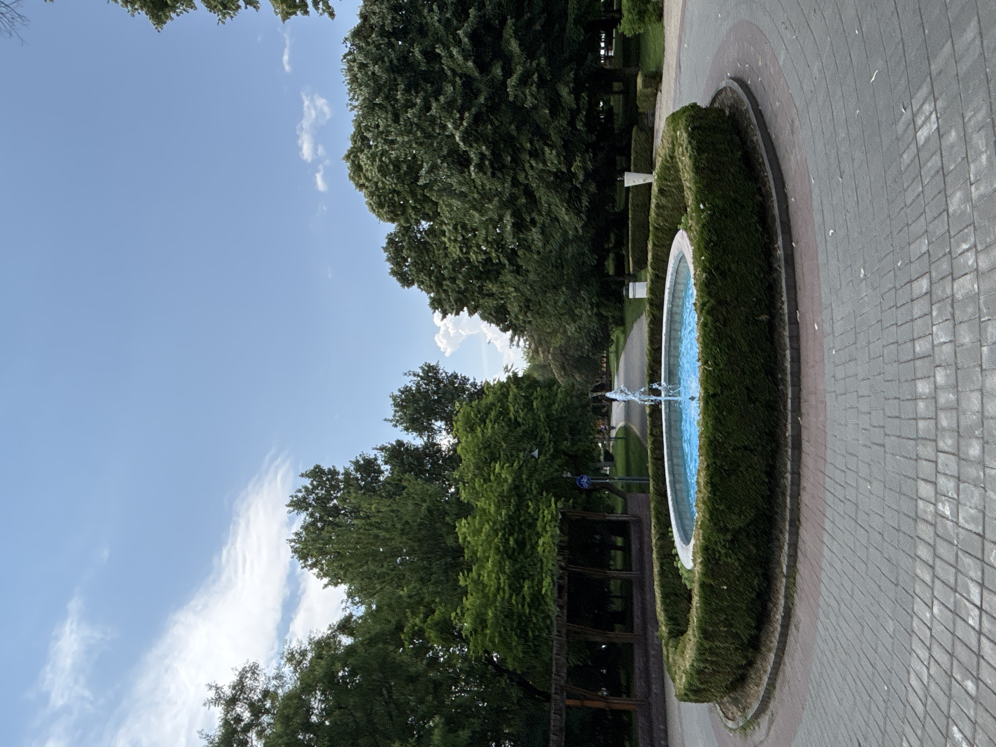 The image depicts a central fountain in a park, located in the city of Silistra, Bulgaria. The fountain is circular with bright blue water and surrounded by a neatly trimmed green hedge. The pathway leading to the fountain is paved with gray cobblestones arranged in a concentric pattern. Lush green trees form the backdrop of the scene, with some of them casting shadows on the ground. The sky above is a clear blue with a few scattered white clouds. In the background, a pathway continues through the park, bordered by more trees and greenery. A wooden structure, possibly a pergola, is visible on the left side of the image. There are no people clearly visible in the foreground, but there might be a person walking on the pathway in the distance on the right. The overall impression is one of a well-maintained public park on a sunny day.
