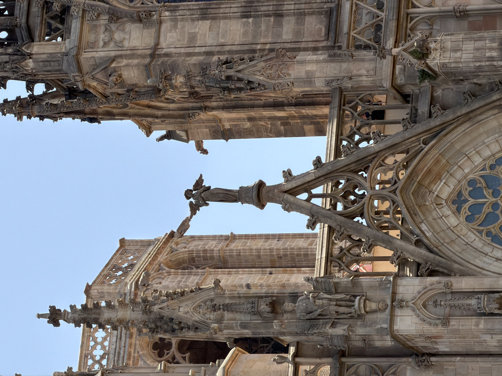 This media file is a photograph of the exterior of a Gothic cathedral, likely in Barcelona, Spain. The image is oriented vertically, showing a detailed view of the intricate stonework and architectural features of the building. The sky is a clear, pale blue, suggesting a daytime setting with fair weather.
The subjects are the architectural elements themselves: ornate carvings, spires, gargoyles, and windows. There are no discernible people or active events taking place, but rather a static, monumental display of religious architecture. Notable details include the delicate tracery of the windows, the grotesque figures of the gargoyles, and the sheer scale and complexity of the stone construction. The stone appears weathered, hinting at the age of the structure.
The overall impression is one of grandeur, historical significance, and artistic craftsmanship. The focus is on the detailed textures and the interplay of light and shadow on the ancient stone. No visible text is present in the image. The location cues, such as the architectural style, are consistent with Gothic cathedrals found in Barcelona.