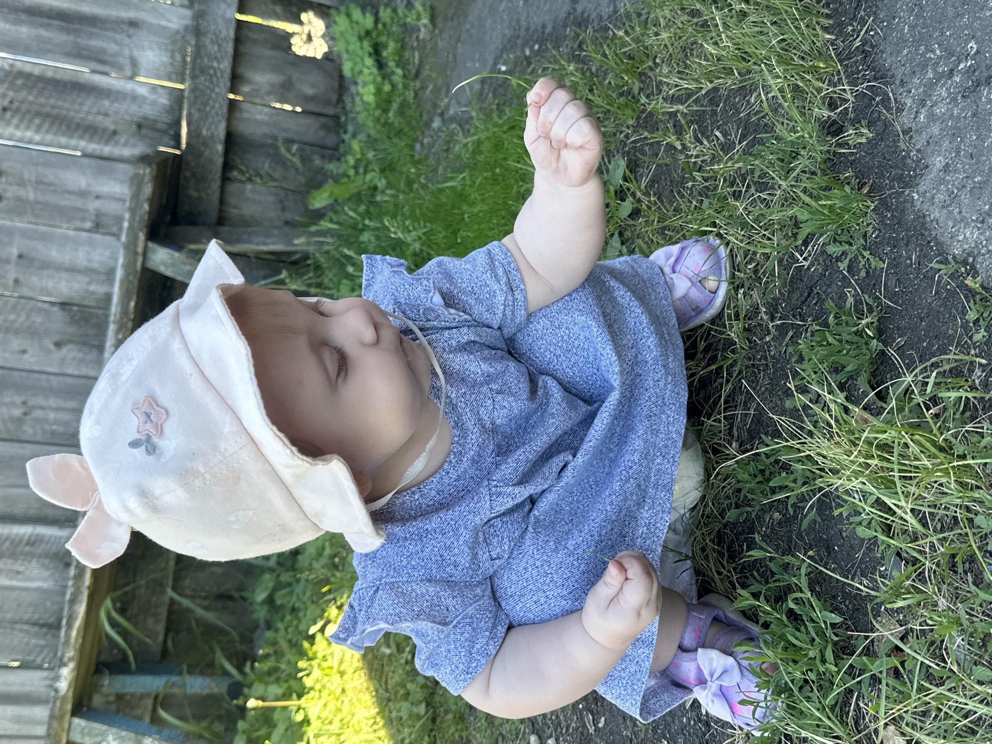 A baby wearing a pink sun hat with rabbit ears and a blue dress is crouching in the grass. The baby is holding a thin blade of grass in its right hand and looking down at it. The background consists of a wooden fence and some greenery. The scene appears to be outdoors, likely in a residential area. The location is identified as Novoyeniseyka, Russia.