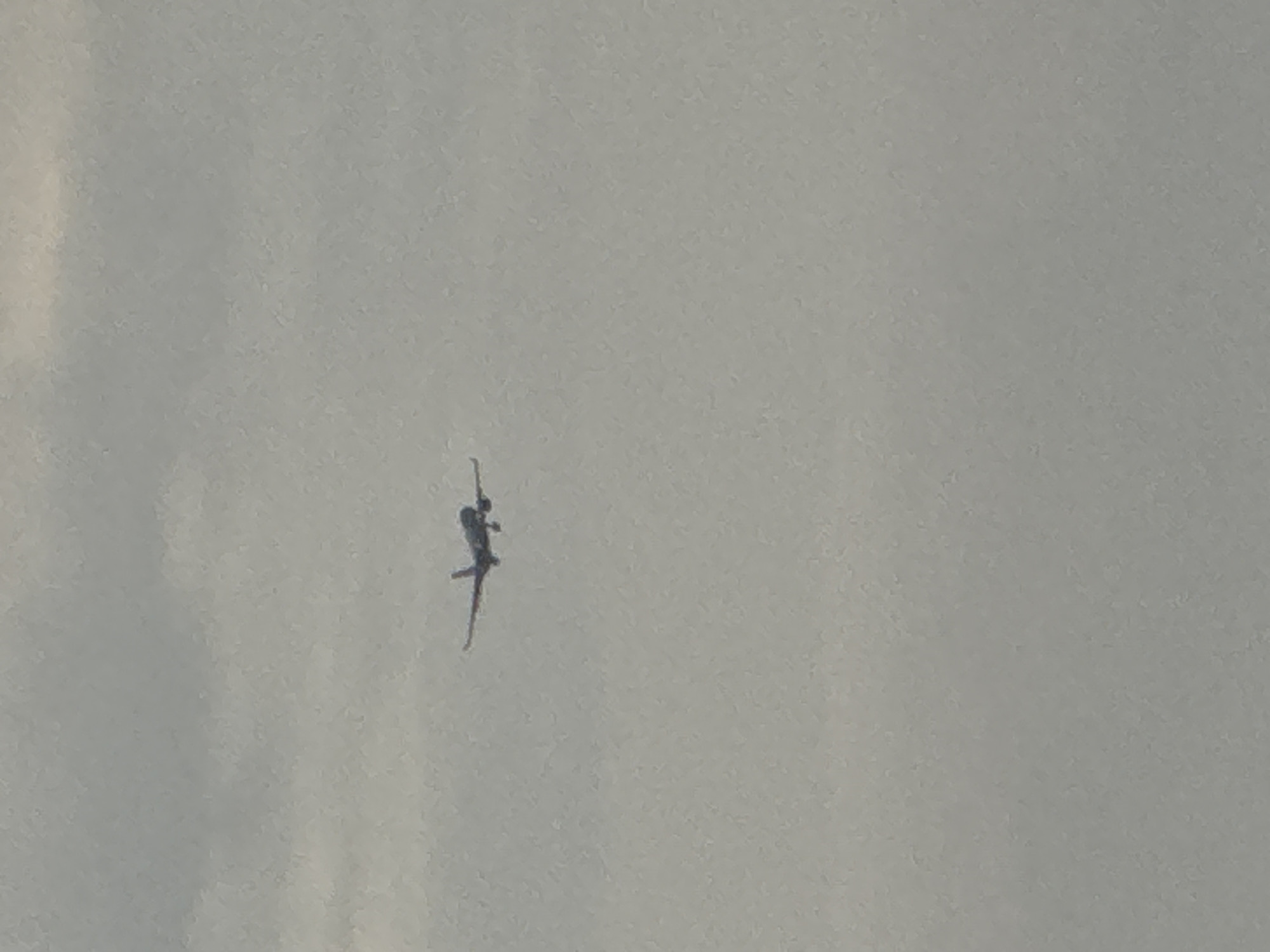 The image shows a commercial airplane in flight against a pale, overcast sky. The plane, appearing dark against the light background, is positioned in the center of the frame. No specific details are discernible to connect this scene to Kuta Selatan, Indonesia. There are no other objects or people visible. The environment appears to be solely the sky.