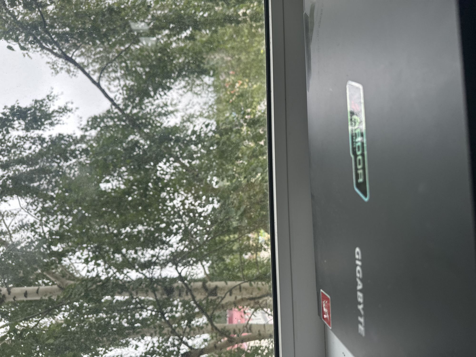 The image shows a close-up view of a dark gray laptop lid, positioned on a windowsill. The laptop has several stickers on it, including a red and white "LPA" logo and a green and white holographic sticker with the word "DDR4" visible. The text "GIGABYTE" is also printed on the lid.
Through a slightly dirty window behind the laptop, a natural scene is visible. Tall, slender trees with white bark and green foliage dominate the background, suggesting a wooded or park-like environment. The sky appears overcast. In the distance, hints of buildings with red roofs can be seen, interspersed with more greenery, indicating a residential area within or adjacent to the natural landscape.
The image was captured in Plesetsk, Russia, a location known for its military facilities, including a cosmodrome, and its surrounding natural environment. The scene is domestic, likely taken inside a home or office with a view of the outdoors. There are no people or animals visible in the image. The lighting is diffused, consistent with an overcast day.