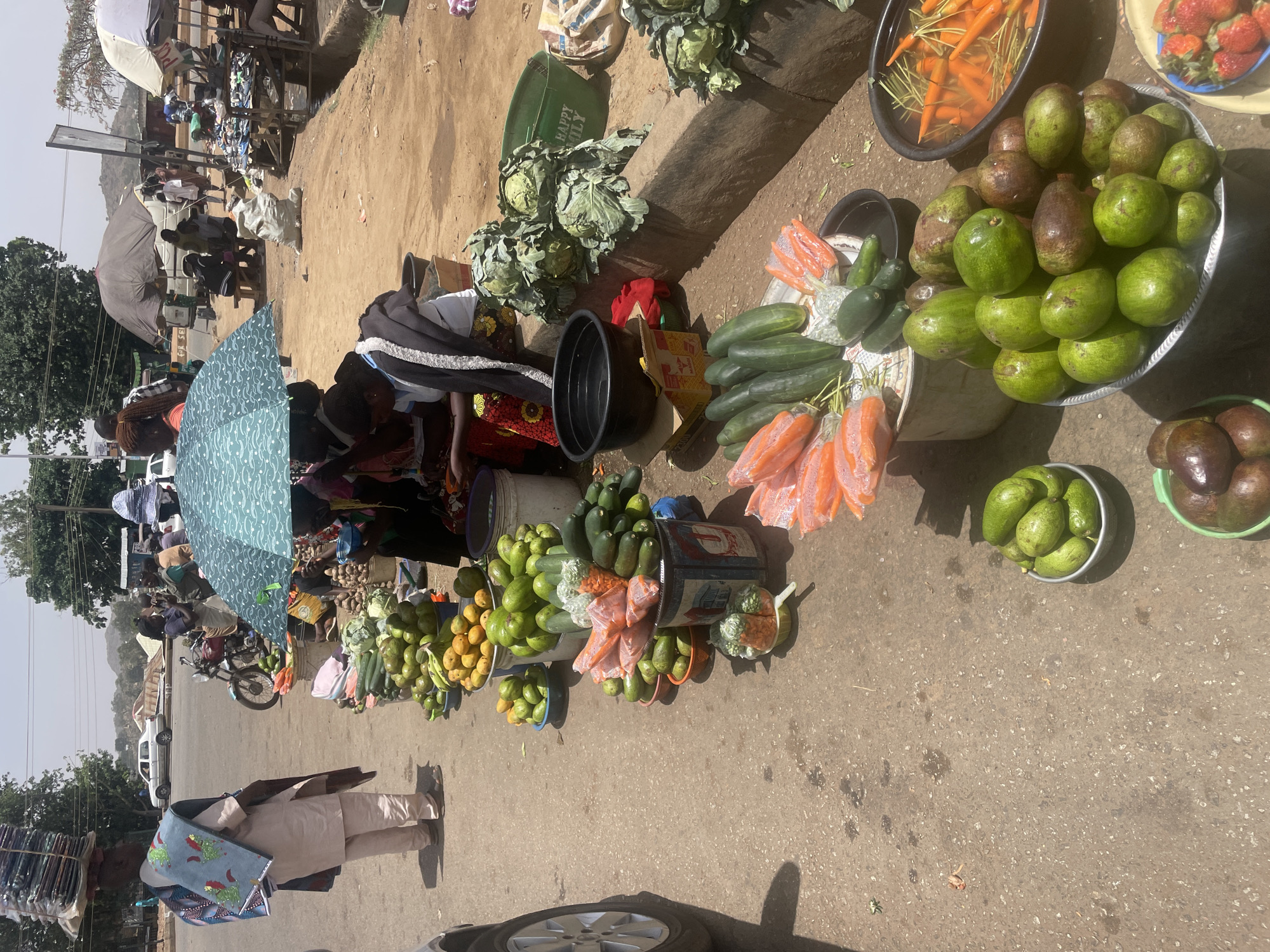 The image depicts a street market scene in Bukuru, Nigeria. Multiple vendors are selling fruits and vegetables on the side of the road. Produce visible includes avocados, carrots, cucumbers, cabbage, and possibly other fruits. Several vendors are seated or crouched near their goods, shaded by umbrellas. Customers are seen browsing the market. The road surface appears paved, and there is some vehicular traffic in the background, including motorcycles and cars. A person in traditional attire is walking on the road, carrying items on their head. Other vendors are present in the distance, suggesting a bustling market atmosphere.