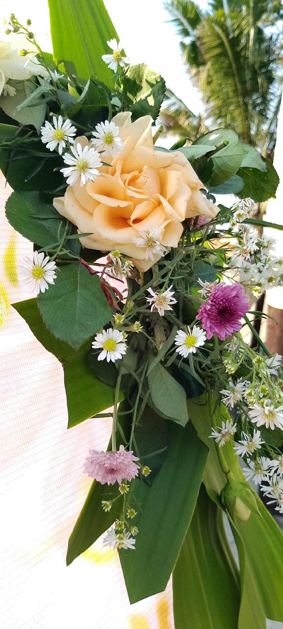 In Pekutatan, Indonesia, a close-up, vertical shot captures a vibrant floral arrangement against a soft, textured, light-colored background, possibly a fabric or wall. The arrangement features a prominent, large, peach-colored rose as its centerpiece, its petals unfurling gracefully. Surrounding the rose are numerous small, white daisy-like flowers with yellow centers, and a few larger, dark pink chrysanthemums. Green leaves and slender stems create a natural, organic backdrop for the blooms. The lighting suggests an outdoor setting, possibly with sunlight filtering through palm fronds, creating a dappled effect. The overall impression is one of natural beauty and delicate artistry.