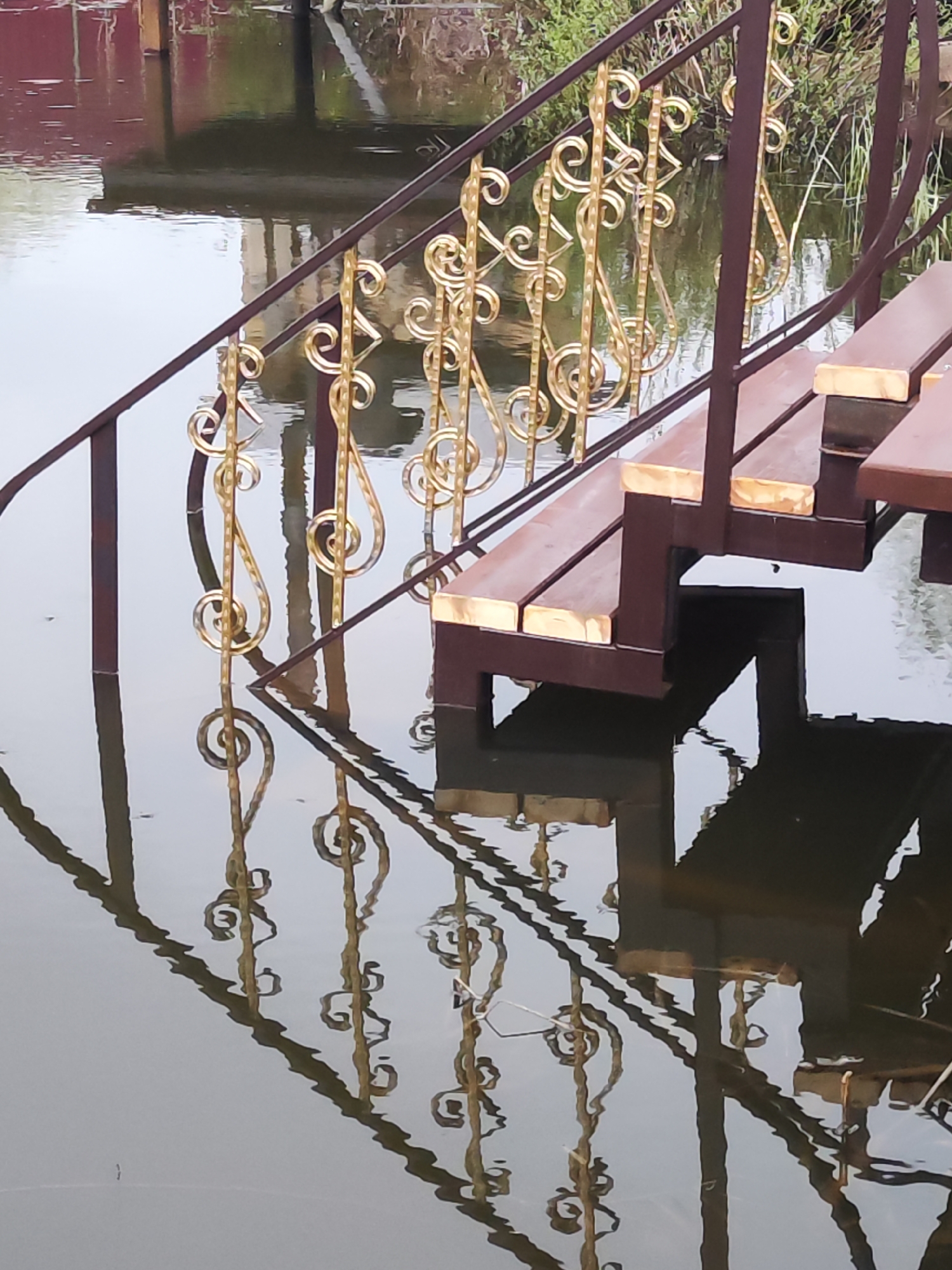 The image depicts a staircase with ornate gold-colored railings leading into a body of water. The steps and support structure are dark brown with gold accents. The water reflects the staircase and railings. The location is in the city of Chaikovsky, Russia. In the background, there is some vegetation and a building with a red roof, partially obscured by the water.