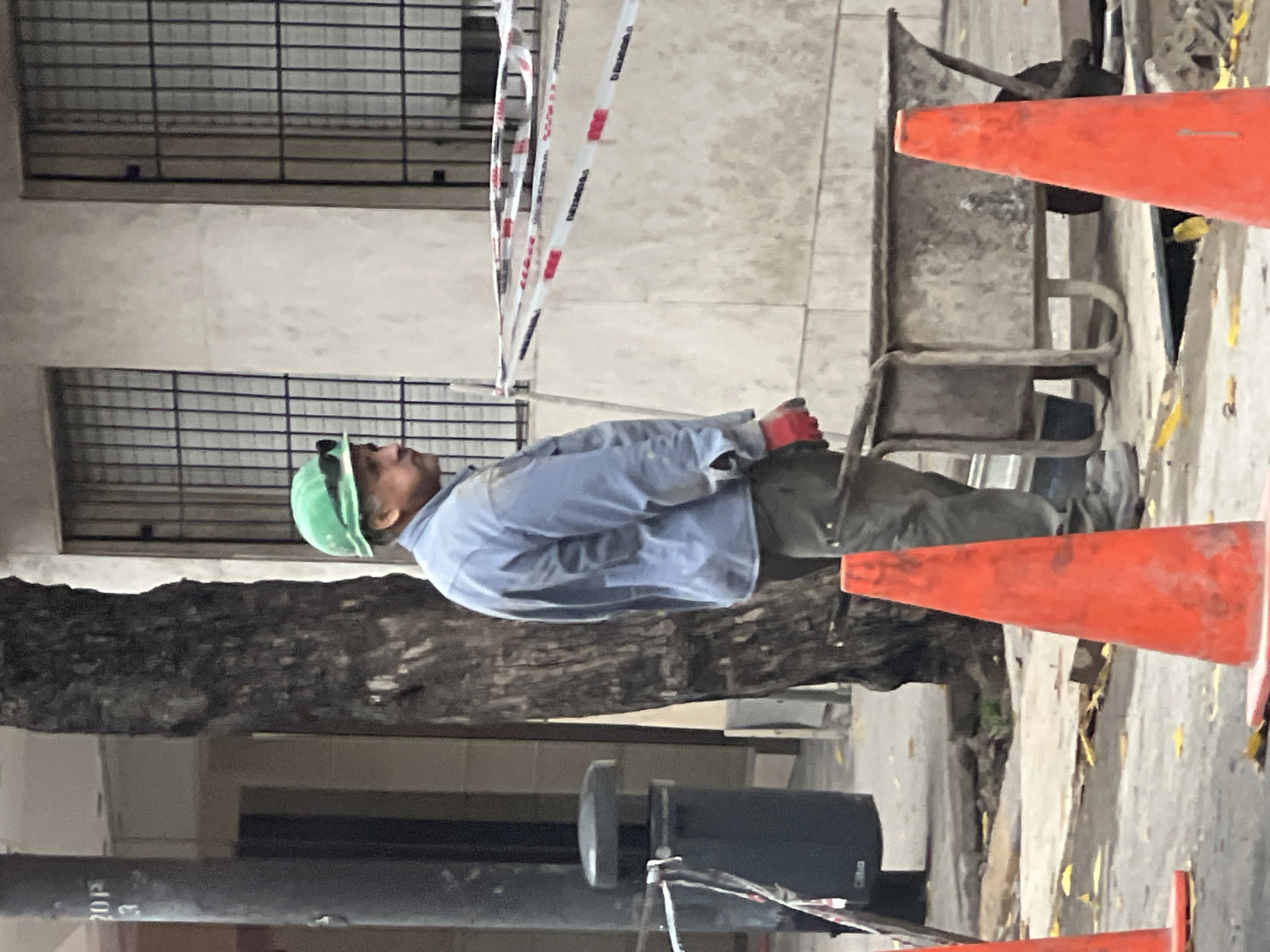 A construction worker in a green hard hat, light blue shirt, and gloves stands beside a wheelbarrow on a city street. Orange traffic cones are placed near him. There is black and white barrier tape in the background. A large tree trunk is next to the worker. A street sign and trash receptacle are visible in the foreground. The location is Buenos Aires, Argentina.