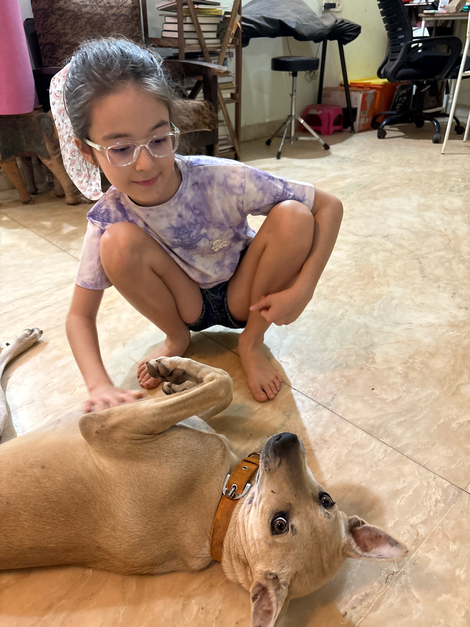 In Ashvem, India, a young girl with glasses and a tie-dye t-shirt is playing with a light-brown dog. The girl is crouched down, with her legs tucked beneath her, and is gently petting the dog, which is lying on its back. The dog has a surprised expression with wide eyes. They are on a tiled floor, and the background shows some furniture, including a chair and a stool, suggesting an indoor setting.