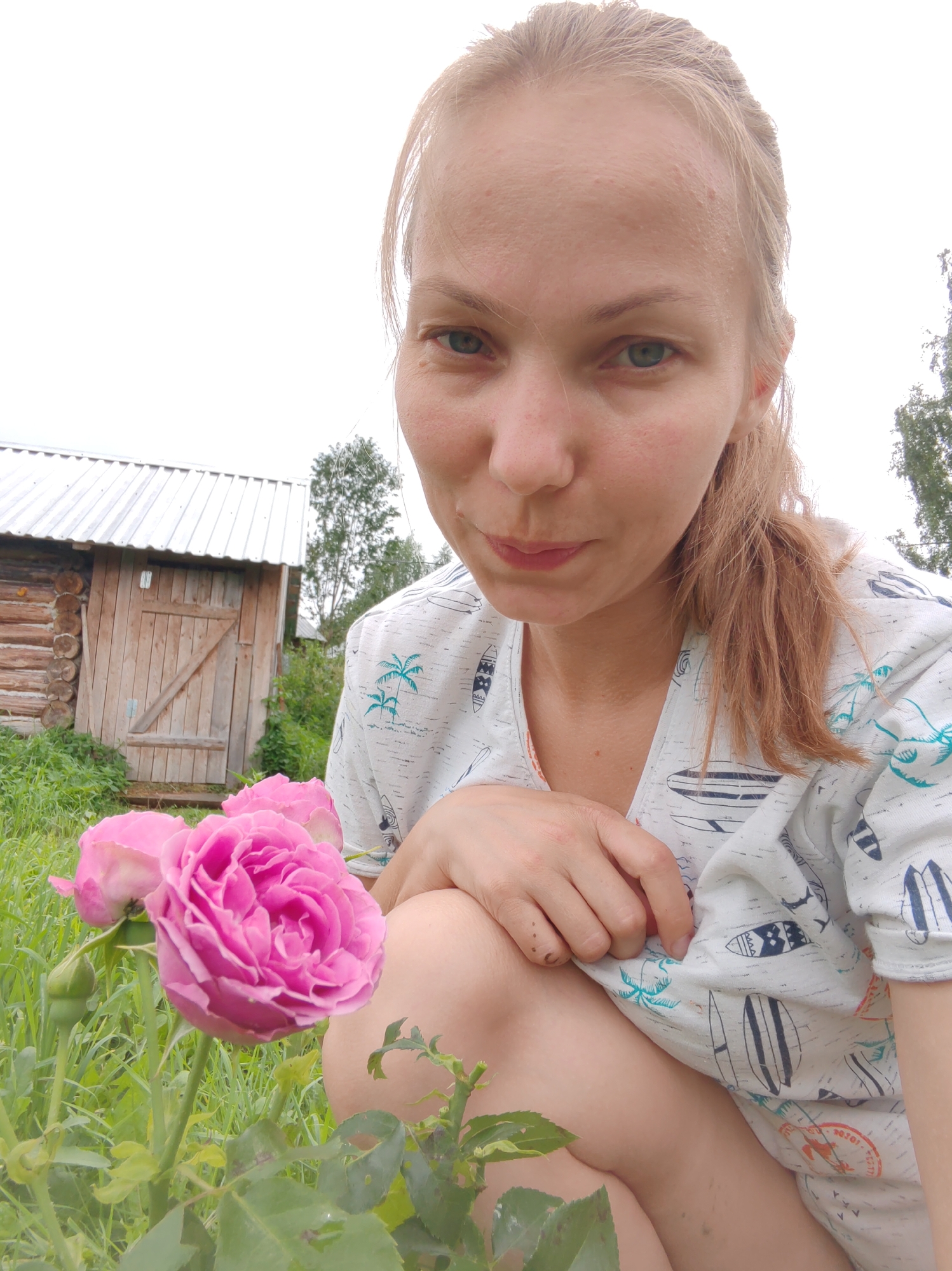 A young woman with blonde hair and blue eyes is kneeling in front of a rose bush with pink flowers. She is wearing a white t-shirt with a pattern of surfboards and palm trees. Behind her is a wooden shed with a metal roof. The scene is outdoors, with green grass and trees in the background, suggesting a rural or semi-rural setting, possibly in the vicinity of the city of Chukhlem, Russia. The sky is overcast.