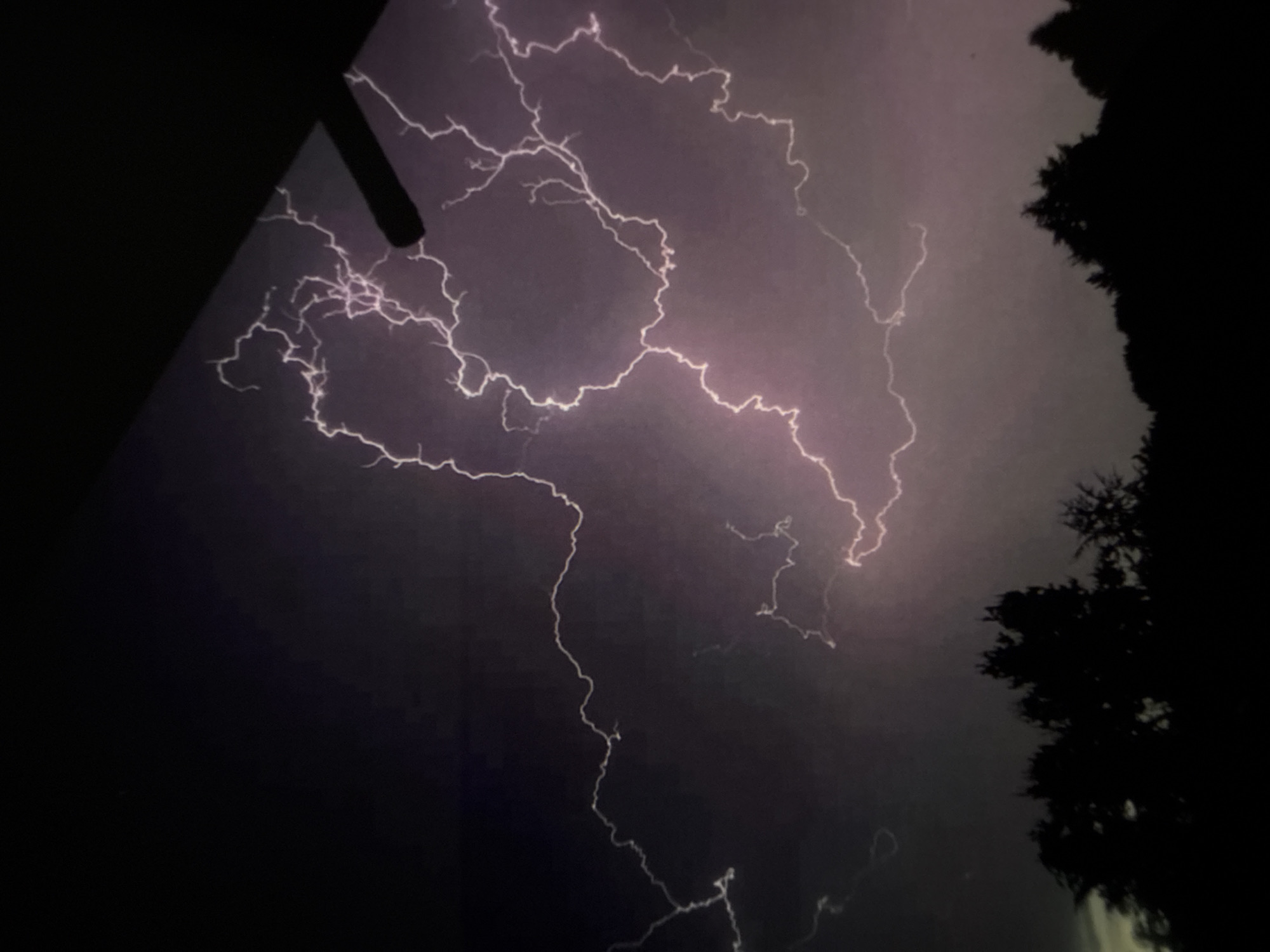 This is a dramatic nighttime photograph capturing a powerful lightning strike during a thunderstorm in Varna, Bulgaria. The central focus is a widespread network of bright, white, and purple-hued lightning bolts that intensely illuminate the dark, cloudy sky. The lightning branches dramatically across the upper and middle portions of the frame, creating a stark contrast with the deep indigo and black tones of the night.
On the far right side of the image, the dark, irregular silhouette of dense tree foliage or a treeline is visible against the subtly lit sky, indicating an outdoor setting. In the top-left corner, a dark, angular object, possibly part of a building structure or roof from which the photograph was taken, partially obstructs the view. The overall scene conveys the raw power and striking beauty of a severe weather event. The time of day is clearly night. There is no visible text in the image.
