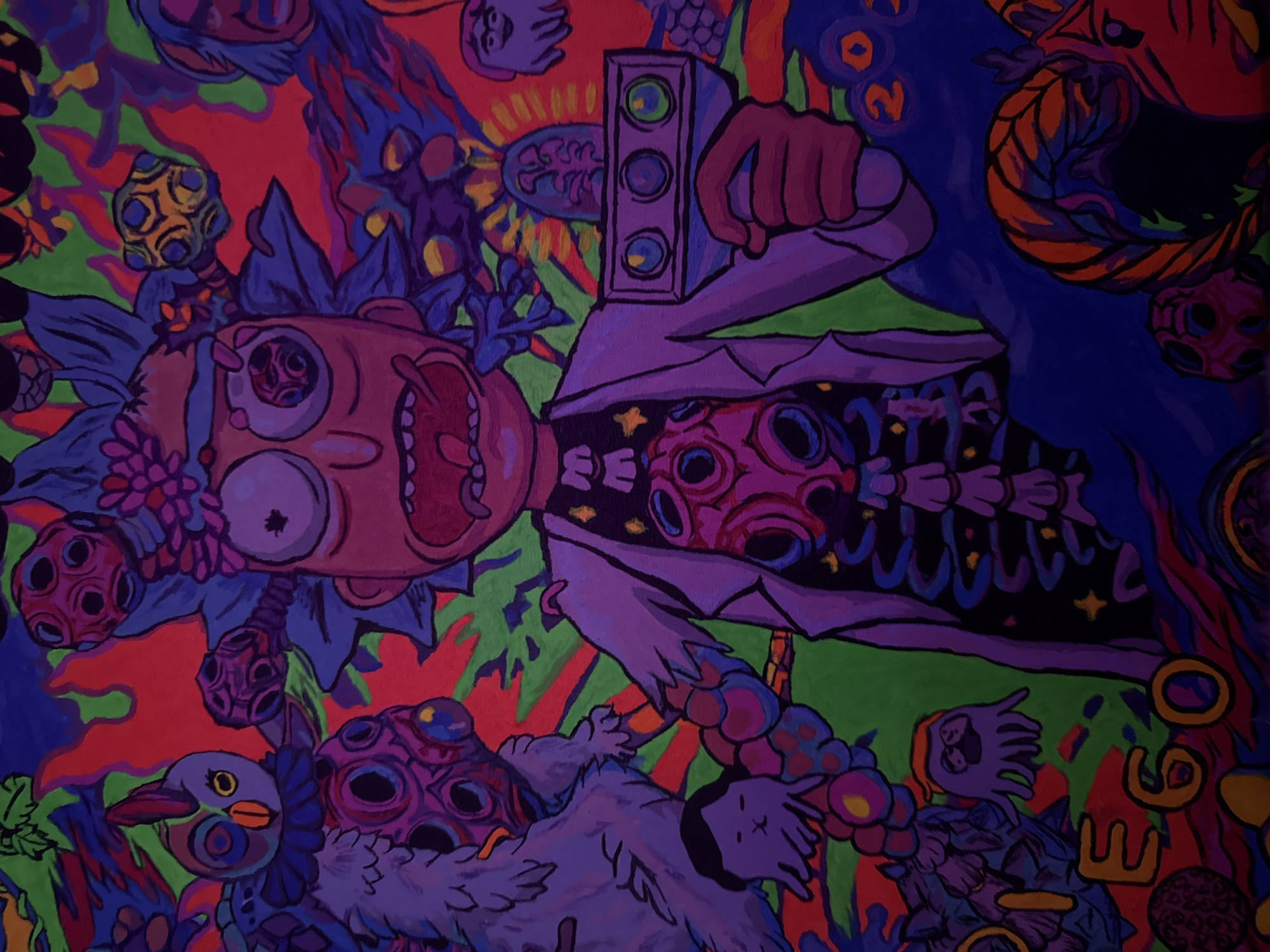 This is an oil painting with a psychedelic and chaotic aesthetic. The central figure is a caricature of Rick Sanchez from the television show Rick and Morty, depicted with wide, staring eyes and an open mouth. He is wearing his signature lab coat over a skeletal ribcage filled with organic, tumor-like masses. In his right hand, he holds a device with three glowing orbs.
Surrounding Rick are various fantastical and unsettling elements. To his left, a creature resembling a purple bird with a frilled neck and multiple eyes is visible. Below this bird is a purple, mask-like face with three large, dark eye sockets. A series of bulbous, dark purple orbs with internal swirling patterns are also scattered throughout the image, some appearing to be attached to stalks.
To the right of Rick, a spectral, ghost-like figure with large eyes and a wide mouth is depicted in the upper portion of the frame. The background is a riot of contrasting colors, primarily vibrant blues, greens, reds, and purples, with abstract, flame-like shapes. The word "EGO" is prominently displayed in large, orange letters on the lower left side of the painting. Another cluster of numbers, "200," is visible on the lower right. The overall impression is one of surrealism and madness, consistent with the themes often explored in the show. This painting is located in Pudomyagi, Russia.