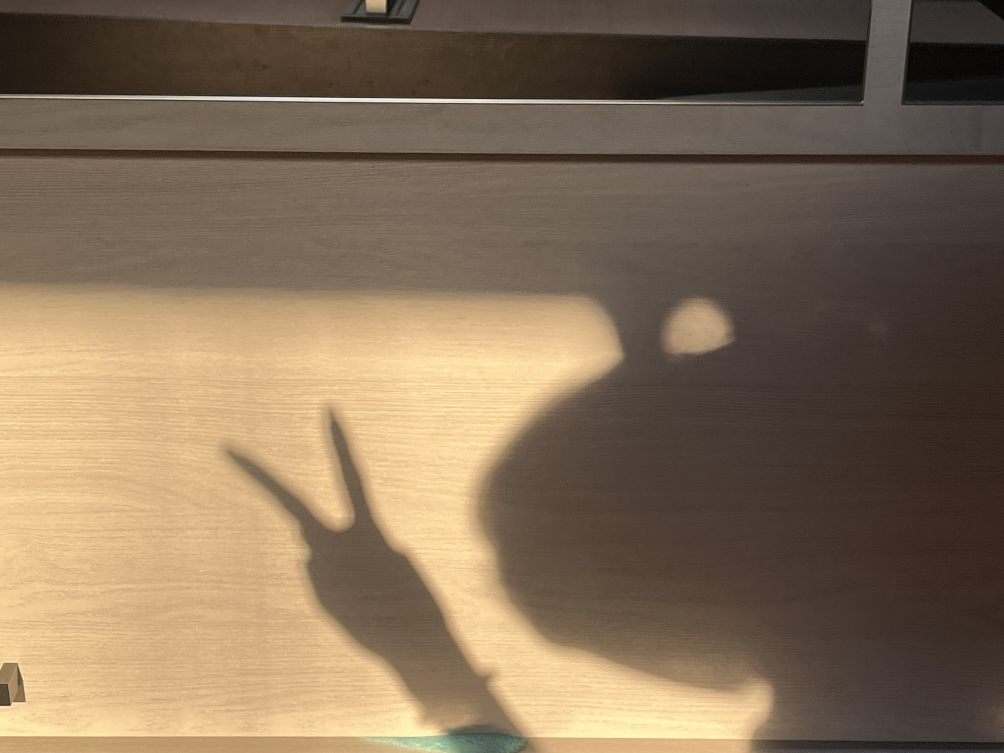 The image shows a close-up of a light brown wooden surface with the shadow of a person and a peace sign. The person's head is visible as a large, blurry shadow with a small spot that might be an eye. The peace sign is formed by the shadow of a hand with two fingers extended. The bottom edge of the surface is visible, with a small hint of a light blue object underneath. The location is not possible to determine, as the picture doesn't provide clear visual clues.