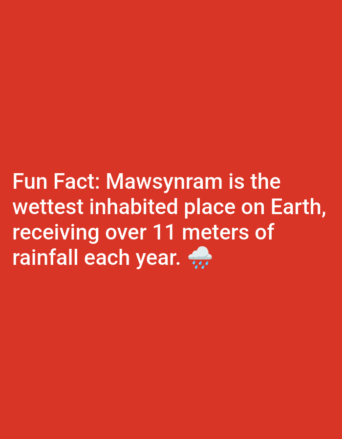 The image is a red background with white text. The text reads, "Fun Fact: Mawsynram is the wettest inhabited place on Earth, receiving over 11 meters of rainfall each year." There is also a small emoji of a cloud with rain next to the text. There are no people, objects, or actions described. The image does not depict any location in Lagos, Nigeria.