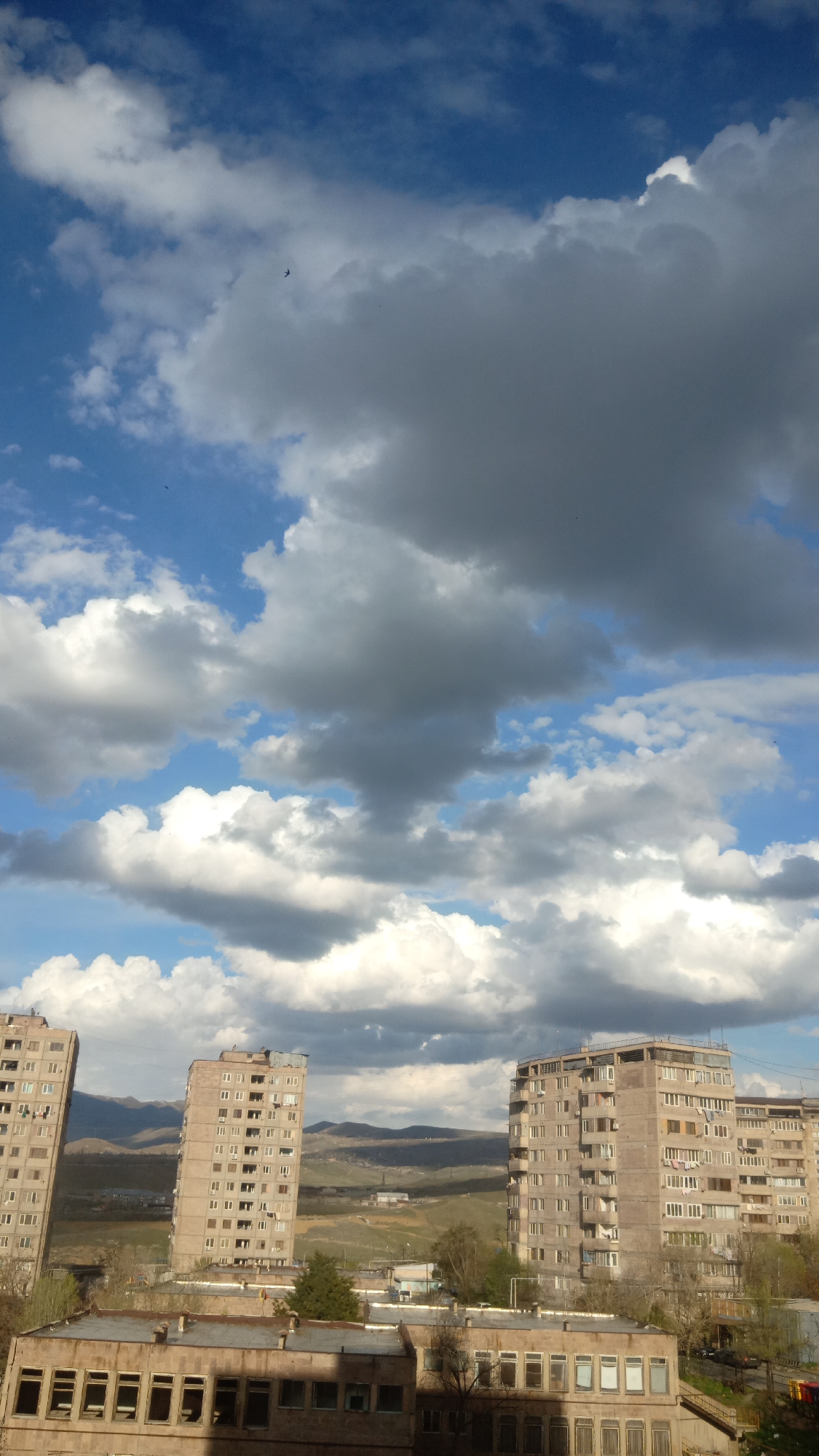 A cityscape under a cloudy sky. Three tall, concrete buildings with numerous windows dominate the middle ground. Behind them are distant hills and a rural landscape. In the foreground, a smaller building with rows of windows sits atop what appears to be a rooftop or terrace. A bird is flying in the sky.