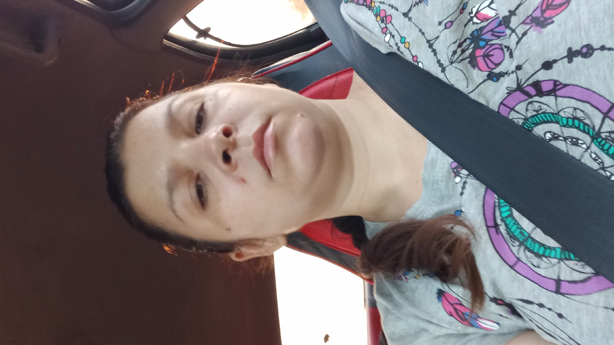 A woman is sitting in the driver's seat of a car, looking directly at the camera. She has dark hair pulled back in a braid and is wearing a gray t-shirt with a dreamcatcher and feather design. A black seatbelt is across her chest. The interior of the car is visible, including a red and black seat. The background is out of focus but suggests an outdoor environment, possibly Neopalymivka, Ukraine, given the context. The lighting suggests it is daytime.