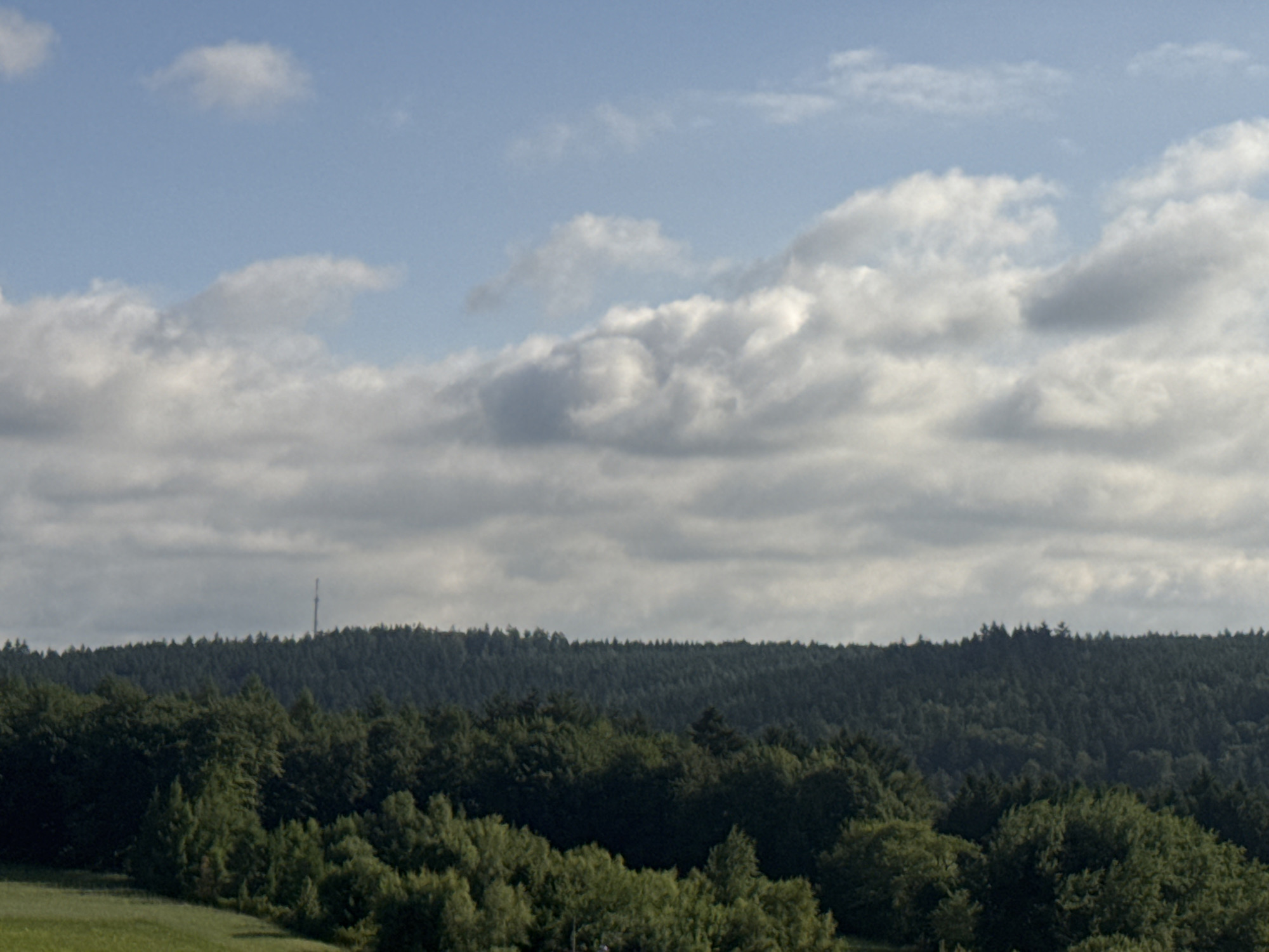 The image depicts a wide shot of a rolling, forested landscape under a partly cloudy sky. The foreground shows a section of green field. Behind the field, a dense, dark green forest stretches across the middle ground. The tree line is varied and undulating. In the far distance, atop a ridge, a thin, tall, dark structure resembling a telecommunications tower is visible against the sky. The sky itself is a pale blue with numerous white and gray clouds of varying density and texture. The overall impression is a natural, bucolic scene. The image is likely taken from a vantage point overlooking a rural or semi-rural area, possibly on a hill or elevated position.