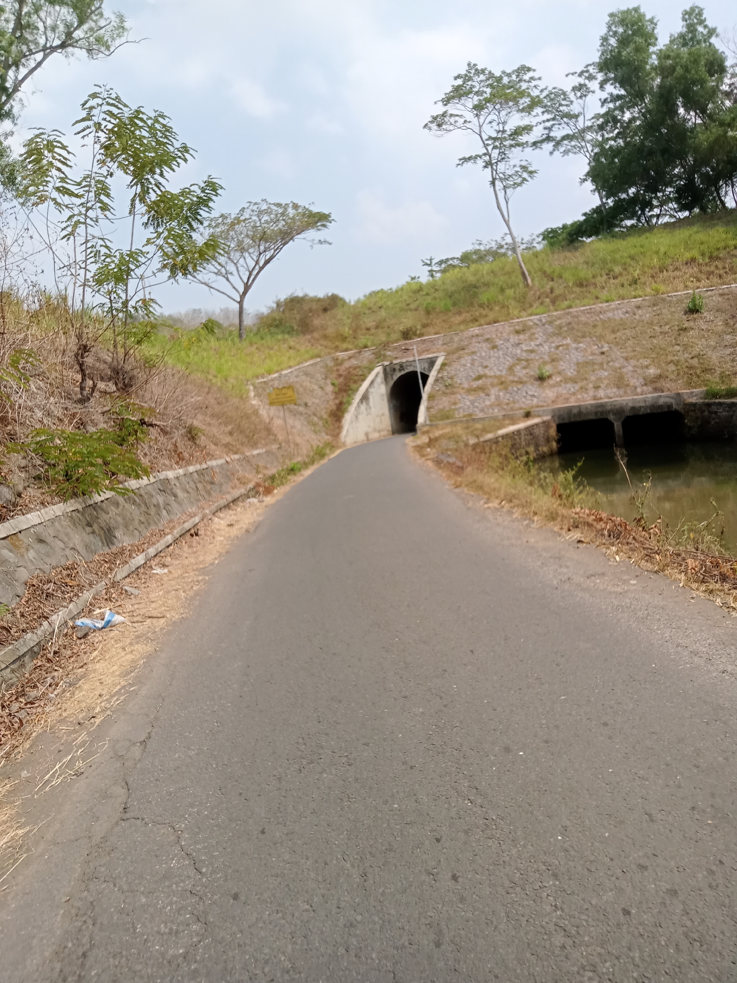 The image shows a paved road leading towards a tunnel entrance. The road is in the foreground and stretches into the distance. To the left of the road, there is a stone retaining wall with dry vegetation and some scattered debris. To the right of the road, there is a body of water, possibly a canal or pond, with a concrete structure over it that appears to be a bridge or culvert. The tunnel entrance is visible in the middle ground, set into a grassy embankment. The embankment is reinforced with stones in some areas. There are several trees with sparse foliage scattered on the embankment and in the background. The sky is overcast. The scene is outdoors and appears to be a rural or semi-rural area. Based on the context provided about Tiudan, Indonesia, this scene depicts a road and tunnel infrastructure in that region, possibly part of the transportation network in or near the city.