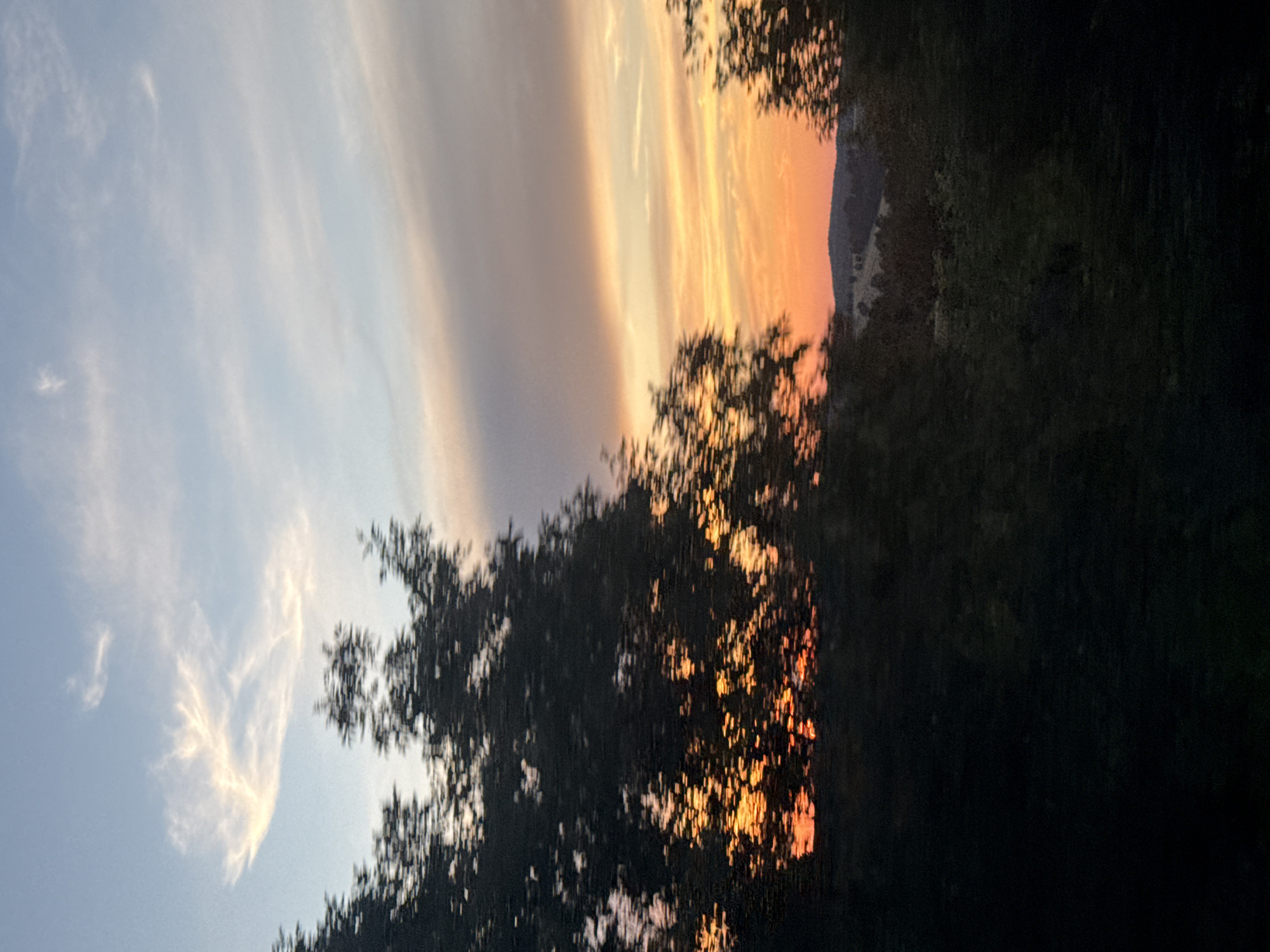 The image depicts a blurry, outdoor scene at dusk. In the foreground, dark silhouettes of trees obscure much of the view, with the setting sun's orange and yellow hues filtering through their leaves. The sky above is a gradient of pale blue, with wispy, illuminated clouds. In the distance, a rolling, dark landscape is visible beneath the colorful sky. The overall impression is one of movement, likely captured from a moving vehicle, due to the blurriness. The location is identified as Krushevets, Bulgaria. There are no people or discernable subjects in the image.