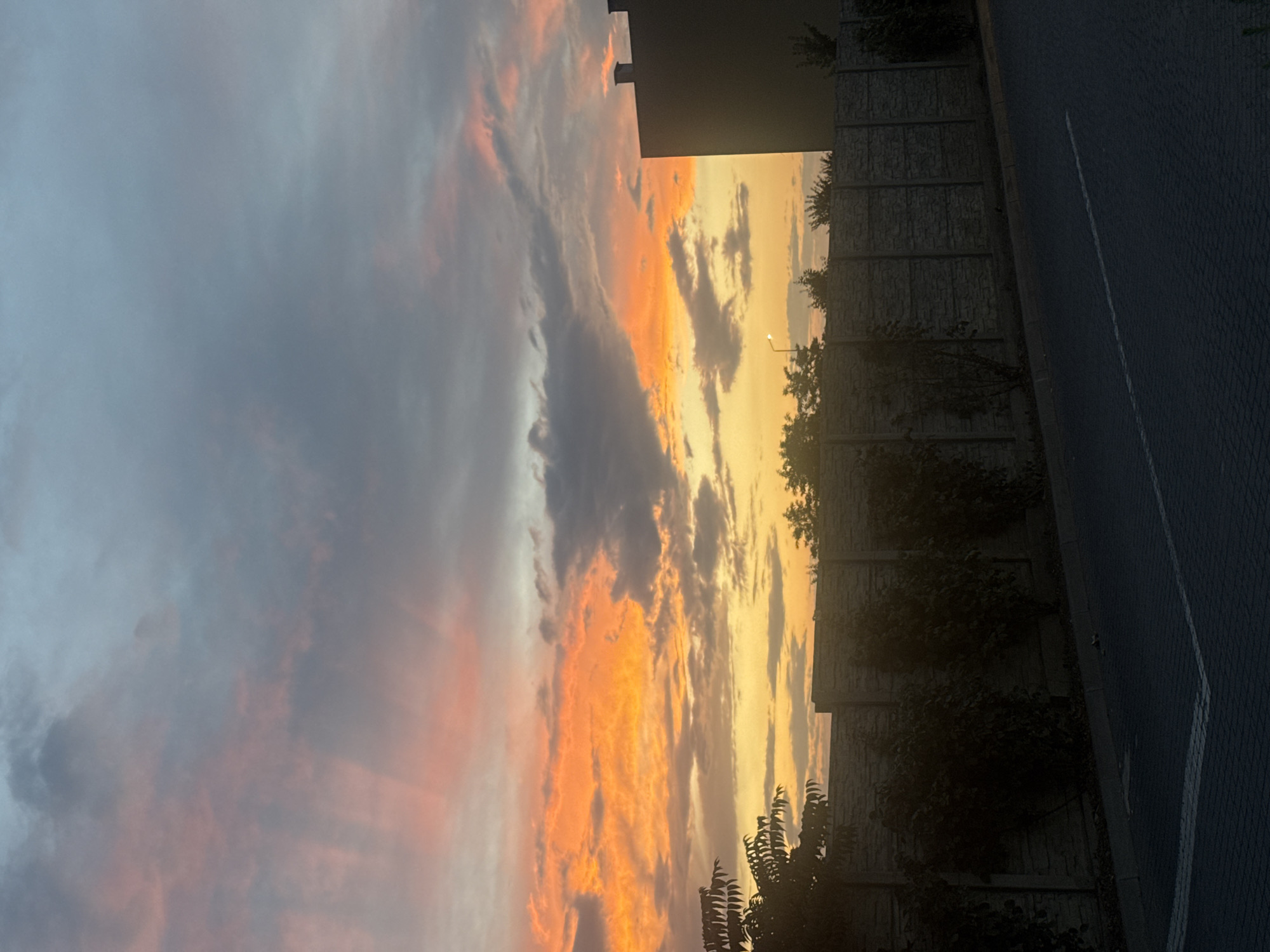 The image depicts a sunset sky with vibrant orange and yellow clouds. The sun is low on the horizon, casting a warm glow. The scene is partially obscured by a dark, modern building on the left and a textured concrete wall on the right, lined with small trees and shrubs. A paved road with a white line is visible along the right edge of the image. The overall impression is one of a serene evening in an urban or suburban setting. The time of day is clearly sunset due to the colors in the sky. There is no visible text in the image.