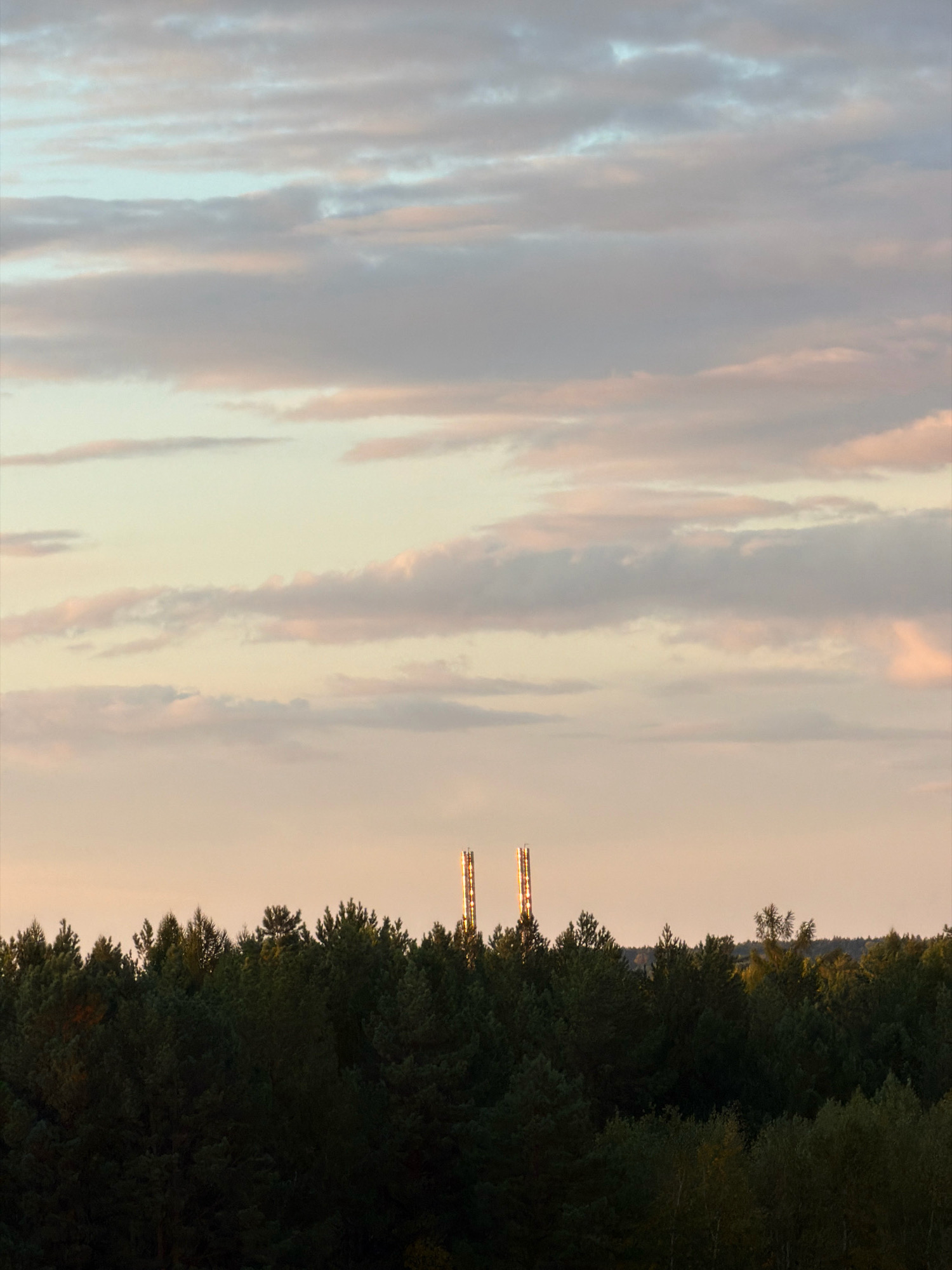 The image shows a forest in the city of Tsiolkovsky, Russia, at sunset. Two industrial chimneys, illuminated by the setting sun, rise above the dense green treeline. The sky is filled with soft, pastel-colored clouds, indicating the end of the day. The foreground is dominated by the dark silhouettes of the trees, with some of the taller pines visible against the lighter sky. The chimneys appear to be made of metal and are rectangular in shape, with visible bracing and lights. The overall scene is one of industrial presence within a natural landscape, bathed in the warm glow of twilight.