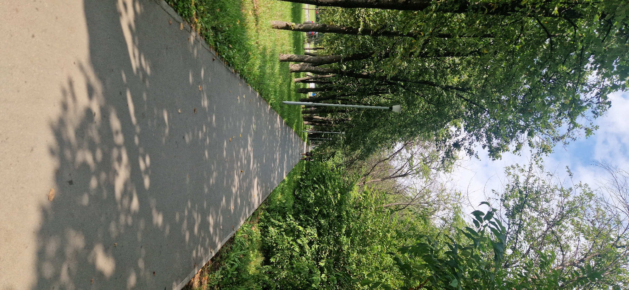 A paved pathway, lined with trees on both sides, stretches into the distance under a partly cloudy sky. The pathway is dappled with the shadows of leaves from the overhead canopy, indicating it is daytime. On the left side of the pathway, a neatly mown lawn extends to a line of trees with visible trunks and green foliage. A single lamppost is positioned on the left side of the path. On the right side, a dense wall of lush green bushes and trees creates a vibrant contrast. Further down the pathway, two individuals, appearing to be women in athletic wear, are walking away from the camera. The environment suggests a park or a dedicated pedestrian area within the city of Krasnoobsk, Russia.