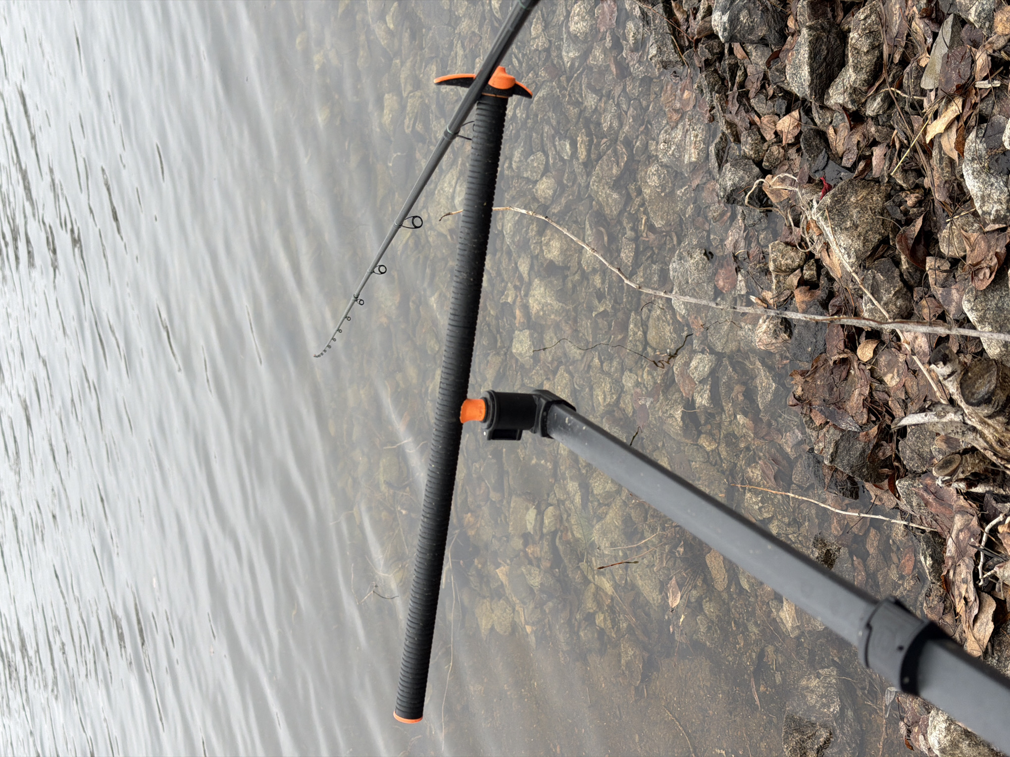 The image shows a fishing rod and rod stand at the edge of a body of water, presumably a lake or river based on the ripples. The rod is extended with the line and hook visible at the top of the frame. The rod stand is black with orange accents. The shoreline consists of rocks, leaves, and some exposed tree roots. The water is clear enough to see the rocks beneath. The location is at a body of water in the city of Chaikovsky, Russia, based on geolocation data.