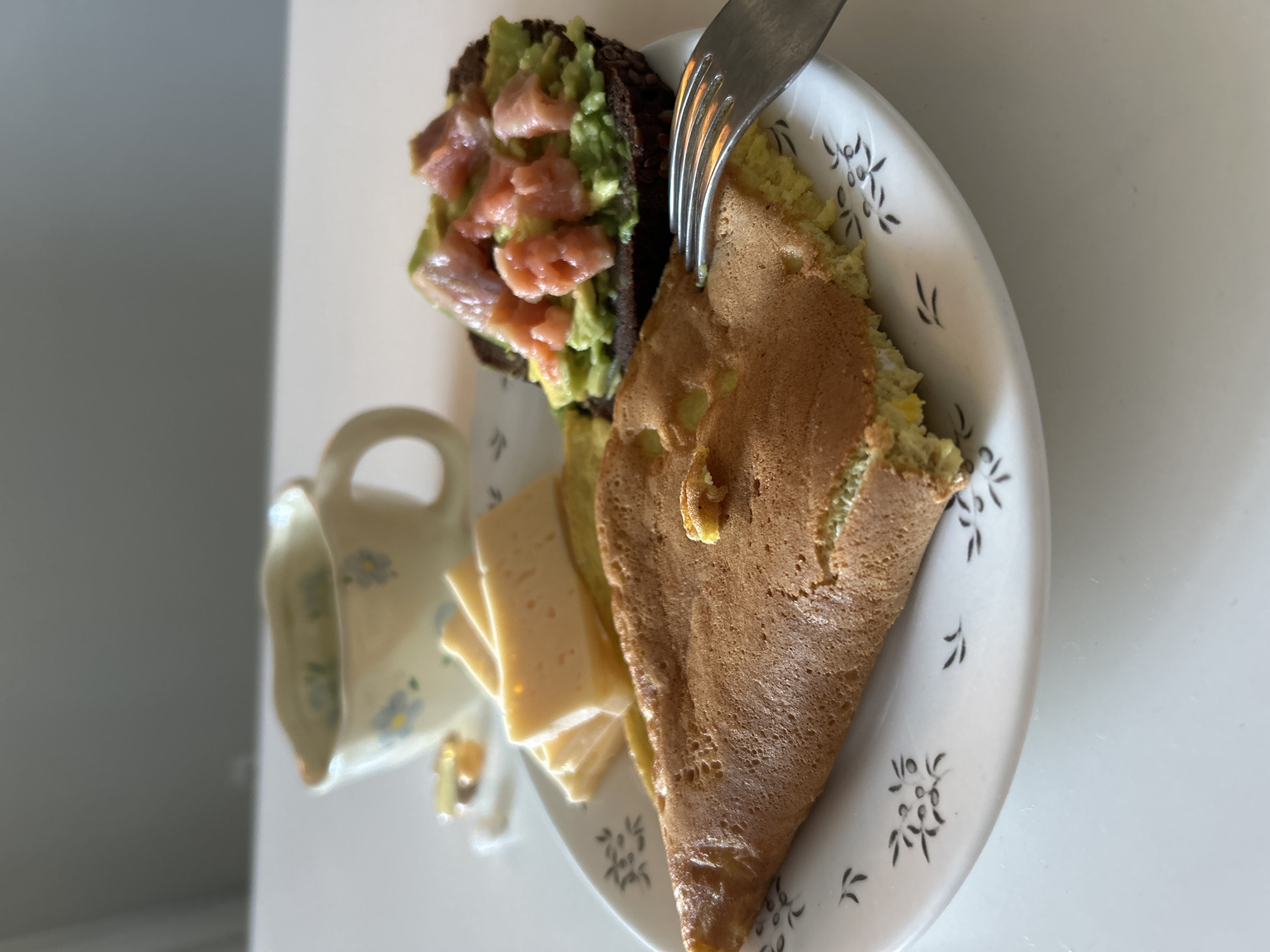 A top-down shot shows a breakfast plate containing a piece of dark bread topped with avocado and salmon, a folded crepe or pancake, and slices of cheese. A fork pierces the crepe. A small pitcher sits beside the plate. The scene is on a white surface. There is no indication of the location being in Chaikovsky, Russia.