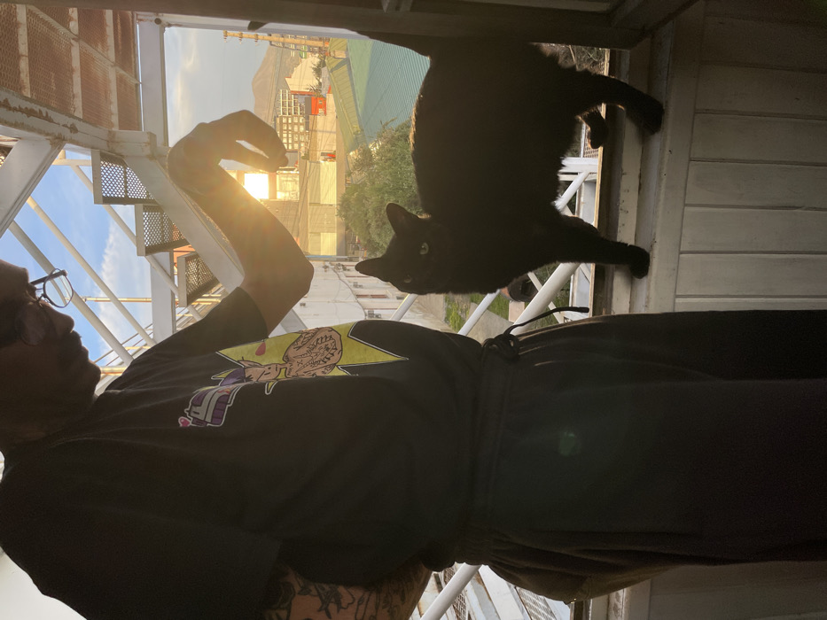 A person wearing glasses and a black t-shirt with a cartoon design stands on a balcony with a metal railing. Sunlight streams through the opening, creating a glare. A black cat stands behind the person, positioned on the railing. In the background, buildings and greenery are visible in the distance. The image is taken from a slightly low angle.