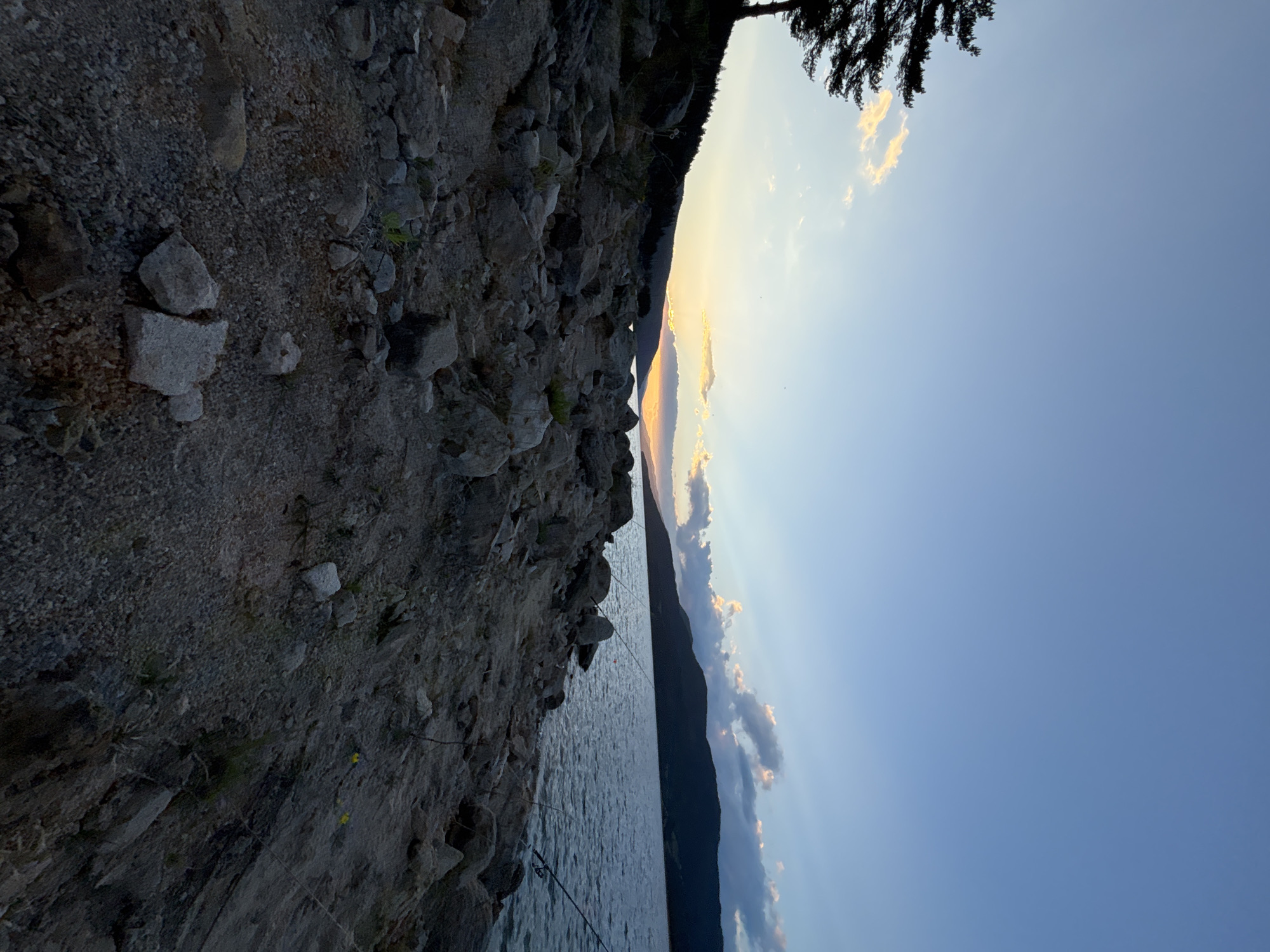 The image depicts a natural landscape at dusk. The sky is a gradient of pale blue to light orange near the horizon, with scattered clouds. A lone pine tree is silhouetted on the left side of the frame, standing on a rocky, wooded incline. The foreground is covered with various sized rocks and gravel. In the mid-ground, a body of water, likely a lake or reservoir, stretches towards distant, dark hills. Several fishing rods are visible, planted in the rocky shore and extending towards the water, suggesting a fishing activity. The lighting indicates the sun is setting or has just set, casting a warm glow on the clouds and horizon. There are no people visible in the image.