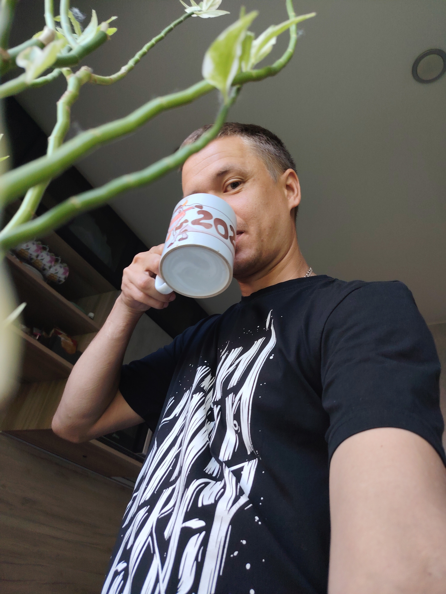 A low-angle, eye-level, medium shot captures a man from the chest up, holding a white mug with a cartoon image and the number "20" to his lips as he drinks. He has short brown hair and is wearing a black t-shirt with a white graphic design. He is positioned in front of a light gray ceiling and to his left, a blurred green plant with thin branches occupies the foreground. In the background, a wooden shelf unit with various items is visible. The scene appears to be indoors, possibly a home environment. There is no discernible information to identify the specific location within Chaikovsky, Russia.