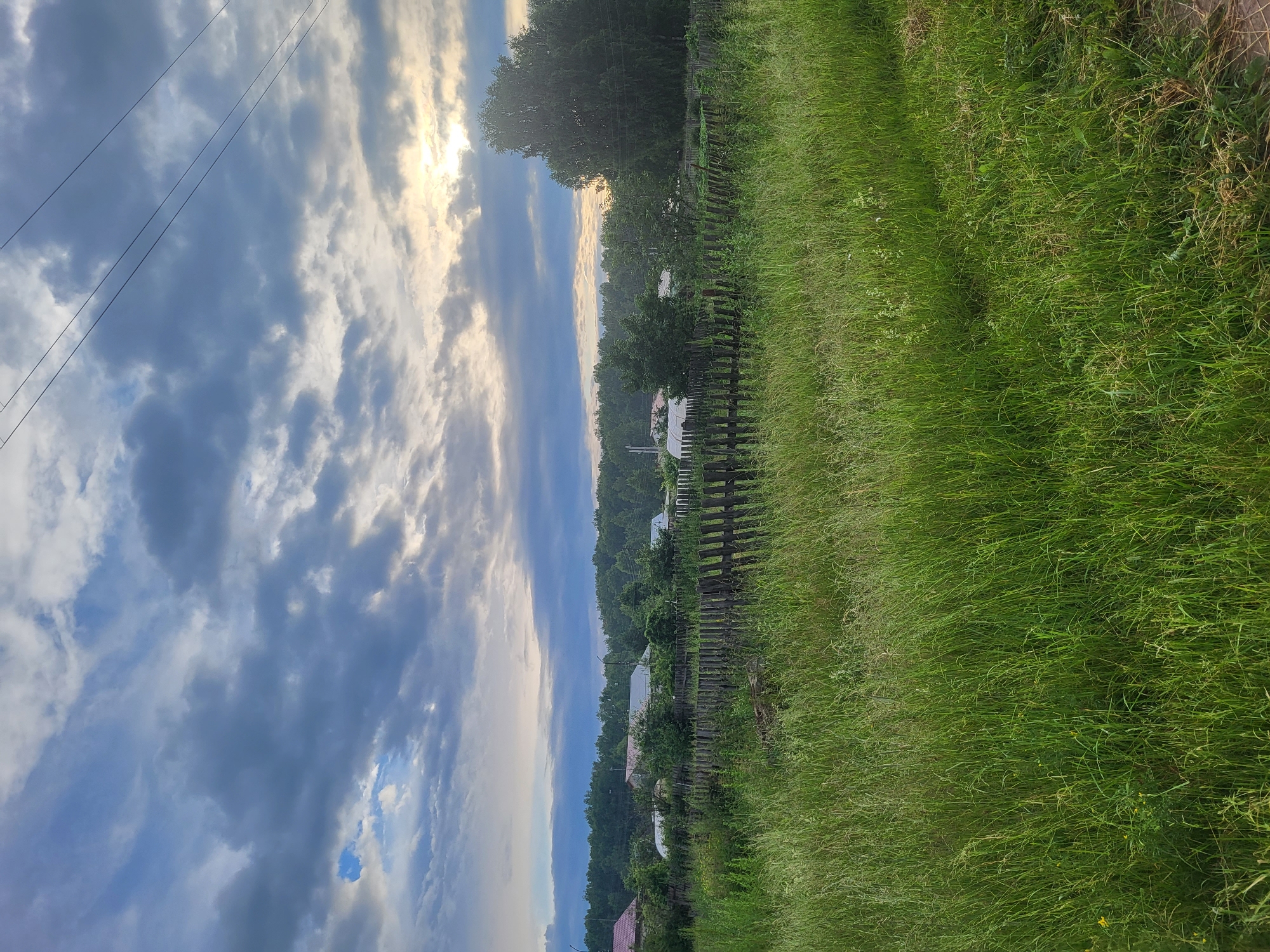 The image shows a rural landscape under a cloudy sky. In the foreground, there is tall, green grass with some yellow wildflowers. A weathered wooden fence runs horizontally across the middle ground, separating the grassy area from a village. Beyond the fence, several houses with various roof colors, including red and white, are visible, surrounded by trees. A dense line of trees forms the backdrop. Overhead, power lines are strung across the sky, and the sun is partially visible through breaks in the clouds, casting a soft light. The scene appears to be in or near the village of Зипуново, Russia. There are no people or animals visible in the image.