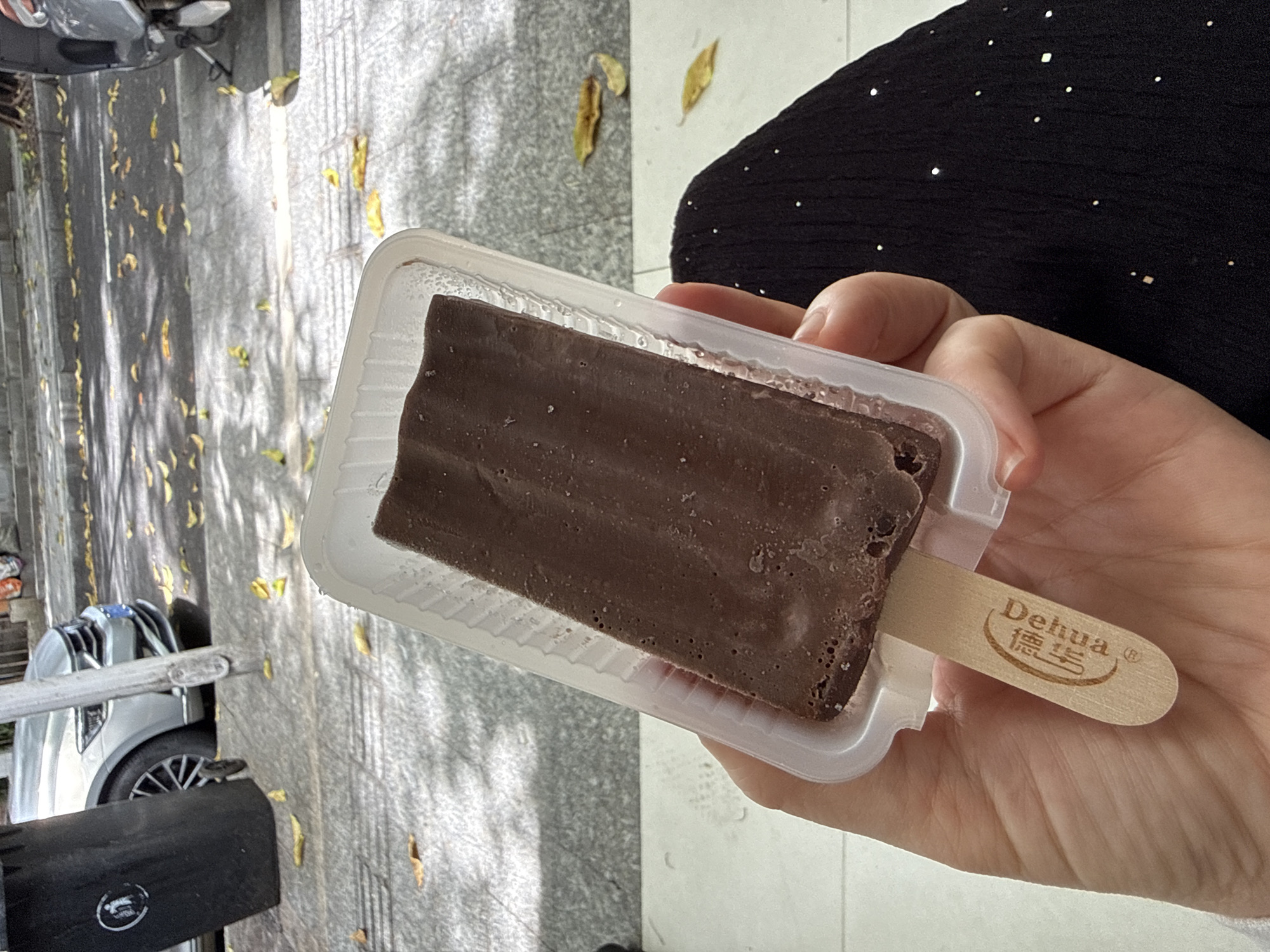 In Huizhou, China, a person's hand holds a chocolate popsicle in a clear plastic container. The popsicle stick, made of wood, is visible and has the logo "Deliua" imprinted on it. In the background, a silver car is parked on a sidewalk with fallen leaves scattered on the ground. A black trash can is situated next to the car. The scene suggests an outdoor urban environment.