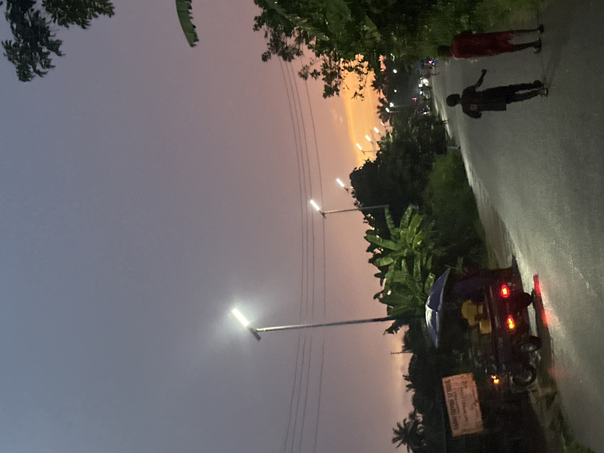 The image depicts a road in Ikot Ekpene, Nigeria, at dusk or dawn. The sky has gradients of gray, pink, and orange. Two people are walking along the side of the road. There are evenly-spaced electric street lights lining the side of the road. A motorized tricycle is parked on the right shoulder of the road. A sign next to the tricycle reads "Udanyo Victory School." Green plants and trees line both sides of the road. The road surface appears wet, possibly from rain.