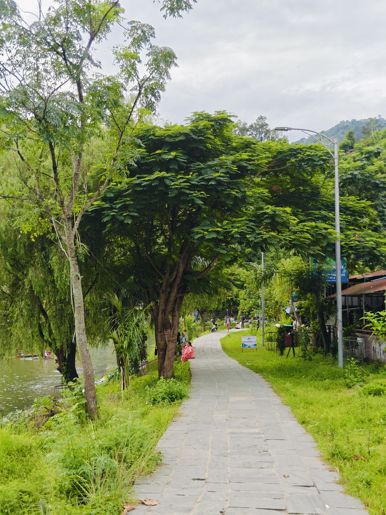 The image shows a paved pathway curving through a park-like setting in Pokhara, Nepal. Lush green trees and foliage line both sides of the path. On the left, a body of water, likely a lake, is visible with some small boats. People are scattered along the path and on the grass, some walking and others sitting. In the background, a hill with some structures is visible. A street lamp stands on the right side of the path. A sign with text is also visible near the pathway. The overall atmosphere suggests a peaceful and recreational area.
