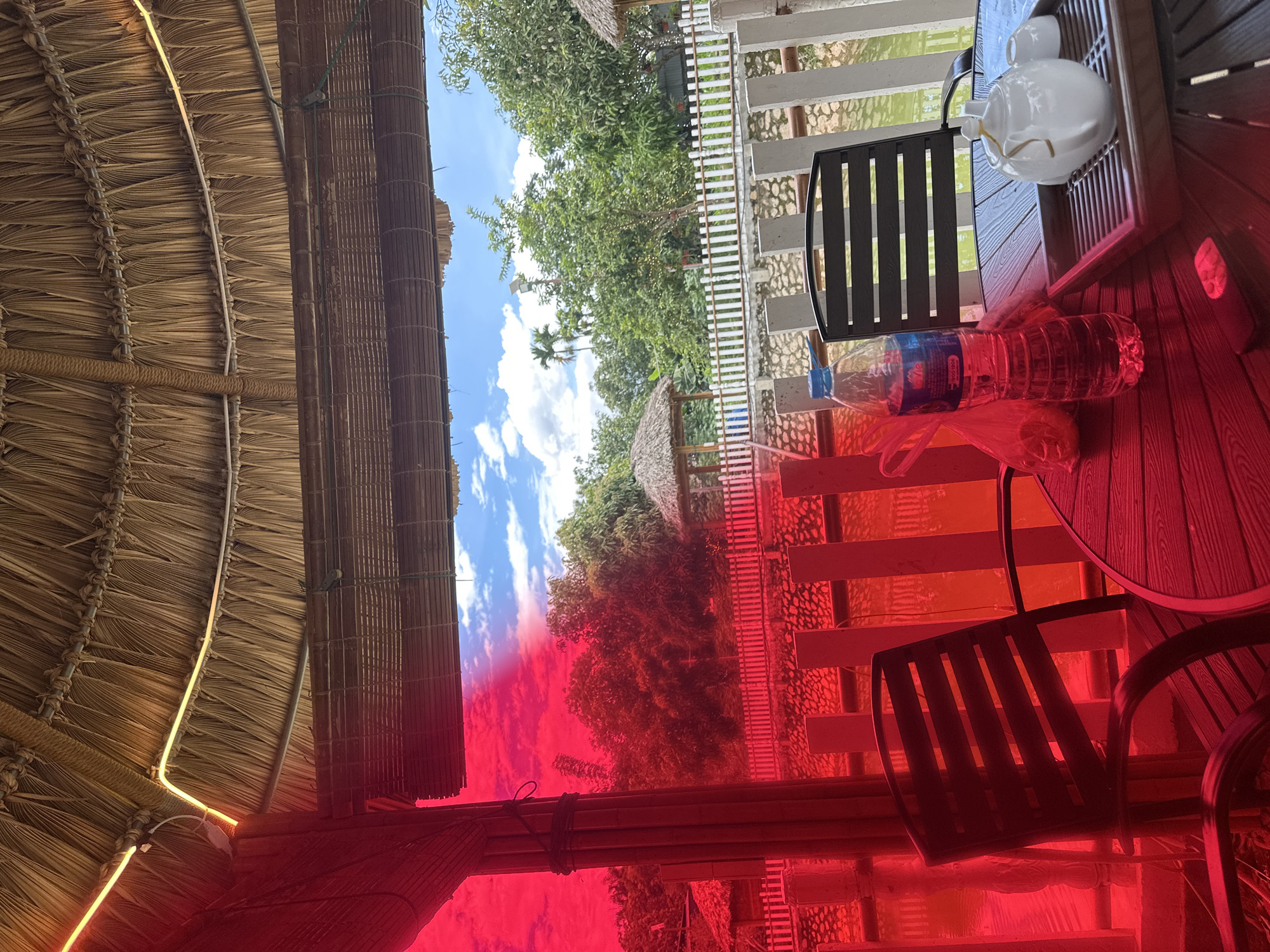The image depicts an outdoor seating area under a thatched roof, presenting a dual lighting scenario with a prominent red color cast on the left and natural daylight on the right. The setting is identified as Nghia Lo Ward, Vietnam.
In the immediate foreground, a round, reddish-tinted wooden table is visible. On the table, from left to right, are a red plastic bag, a translucent plastic water bottle (brand "LaVie") appearing red, and a dark object (possibly a mobile phone) reflecting red light. To the right, a white ceramic teapot with a yellow string attached to its lid sits on a wooden tray alongside a small white ceramic cup. Two dark-colored chairs, one partially obscured and another facing away from the viewer with horizontal slats, are positioned around the table.
The overhead structure features a densely woven thatched roof made of straw or palm leaves, with visible wooden or bamboo support beams. A continuous string of warm yellow LED lights is affixed to the interior curve of the thatch. Below the thatch, a rolled-up bamboo blind is visible.
To the left of the scene, a vertical bamboo pole, part of the seating structure, is wrapped with a black tie and is fully bathed in the red tint. The red tint extends across the entire left half of the image, affecting the appearance of the landscape beyond. Through this red filter, a body of water reflects distorted patterns, and a white picket fence is visible along its edge. Further back, red-tinted trees and a small thatched-roof gazebo are discernible.
The right half of the image is under natural daylight, revealing a vibrant green landscape. A calm body of water is bordered by a white picket fence. Beyond the fence, dense green foliage and trees dominate the midground. Two distinct thatched-roof gazebos are present among the trees—one prominent on the left and another partially visible on the far right. A tall light pole with a luminaire is also visible amidst the trees. In the distance, several tall palm trees stand against a clear blue sky dotted with scattered white clouds.