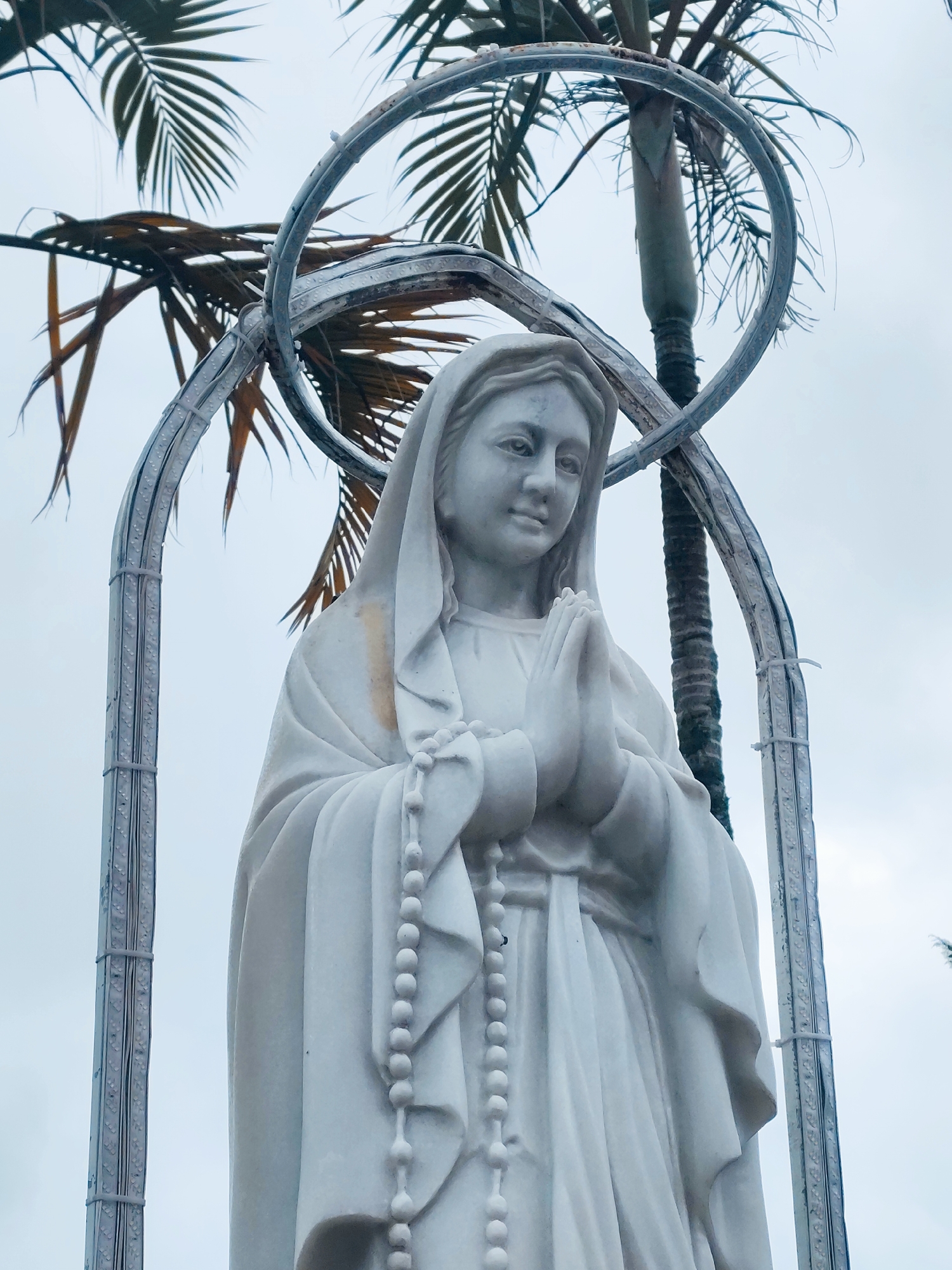 A marble statue of Mary with her hands clasped in prayer stands against a pale, overcast sky. She wears a hooded robe draped over her shoulders and a string of rosary beads hangs from her hands. Behind her, a tall palm tree trunk is visible, with its fronds extending above and to the sides of the statue. The statue is framed by a semi-circular metal structure with vertical elements adorned with small lights. This monument is located in Lạc Dương, Vietnam.