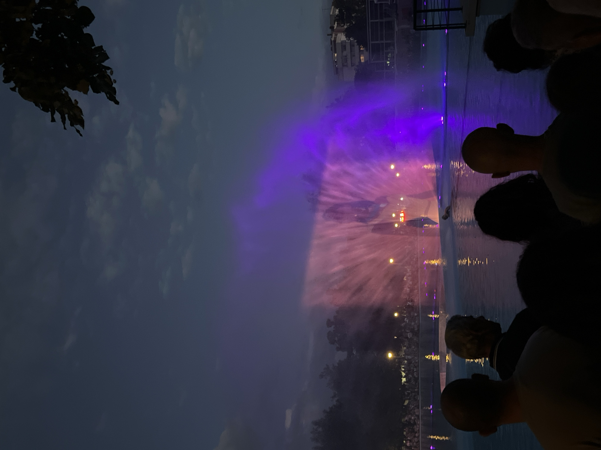 The image depicts a nighttime outdoor event featuring a water and light show in Plovdiv, Bulgaria. In the foreground, several people are visible from behind, silhouetted against the illuminated water. The central focus of the scene is a large water fountain projection creating a screen of mist illuminated with vibrant pink and purple lights. A person is seen swimming or floating in the water in front of the projection. Behind the fountain, trees and buildings are dimly visible, suggesting an urban park or a recreational area. The sky is dark with some clouds, indicating twilight or night. The lighting suggests a performance or display is underway, with artificial lights creating dramatic effects on the water and mist.
