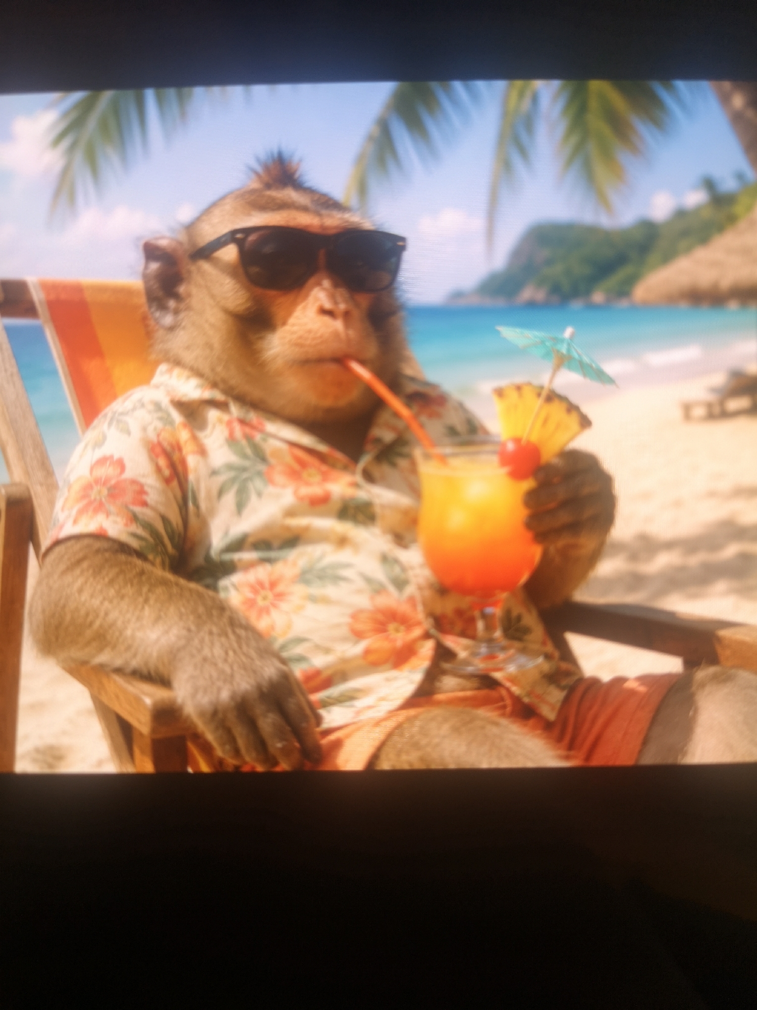 A monkey wearing sunglasses, a Hawaiian shirt, and shorts sits in a striped beach chair on a tropical beach. The monkey is holding a cocktail garnished with a pineapple wedge, cherry, and small umbrella. Palm trees, a beach hut, and ocean water are visible in the background. The location is Unknown.