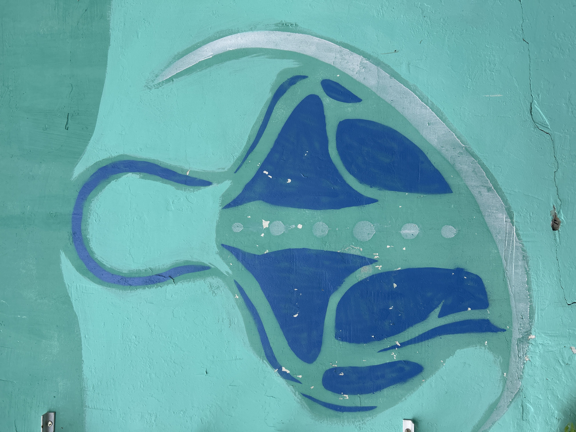 An outdoor mural is painted on a weathered, teal-green wall in Chaikovsky, Russia. The central artwork depicts an abstract, stylized figure composed primarily of dark blue and a lighter desaturated teal, outlined against the teal-green background. The figure features a U-shaped top element in lighter teal. Its main body expands downwards with organic, interconnected shapes in dark blue and lighter teal, suggesting an internal structure. A vertical line of seven white circular dots runs down the center of the figure. A distinct white or light grey crescent shape arcs along the right side of the figure, providing a strong contour, with a fainter, similar arc suggested on the bottom left.
The wall surface exhibits significant signs of age and wear, including numerous chips, cracks, and areas where the teal paint has peeled, revealing underlying material. Two silver-colored metal brackets, fastened with screws, are mounted on the left side of the wall. Small dark fissures are visible near the bottom edge. A hint of green foliage is present in the extreme bottom-left corner. The scene is illuminated by diffuse natural light.