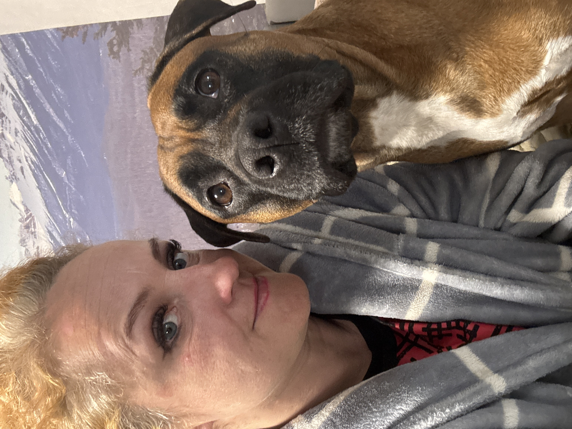 A person and a brown and black boxer dog are in the frame. The person, who appears to be a light-skinned female with blonde hair, is wearing a grey and white plaid fleece robe over a black shirt with a red geometric pattern. The boxer dog is positioned above the person, with its head close to the camera. The background includes a wall with a light blue and white painted design that depicts a forest. The location of the image is unidentifiable in regards to the city of Chaikovsky, Russia.