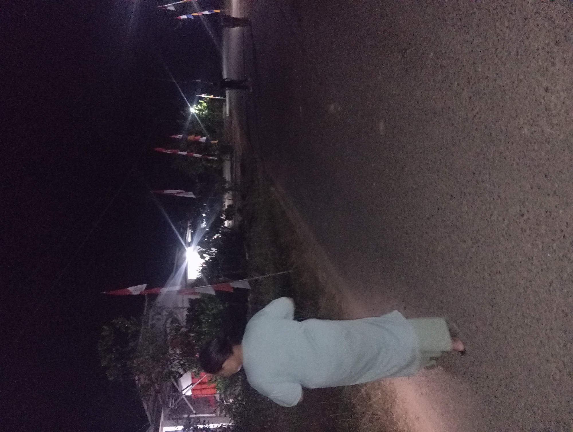 The image depicts a nighttime outdoor scene, likely a street in Rejosari, Indonesia, with Indonesian flags lining the right side of the road. A person is walking away from the camera on the left side of the asphalt road. The person is wearing a light blue, long-sleeved tunic and light green pants. The road appears to be illuminated by artificial lights, some of which are creating lens flares. In the background, there is vegetation and structures, including what appears to be a building on the far left. Other individuals are visible further down the road, some standing and others walking. The sky is dark, indicating it is nighttime.