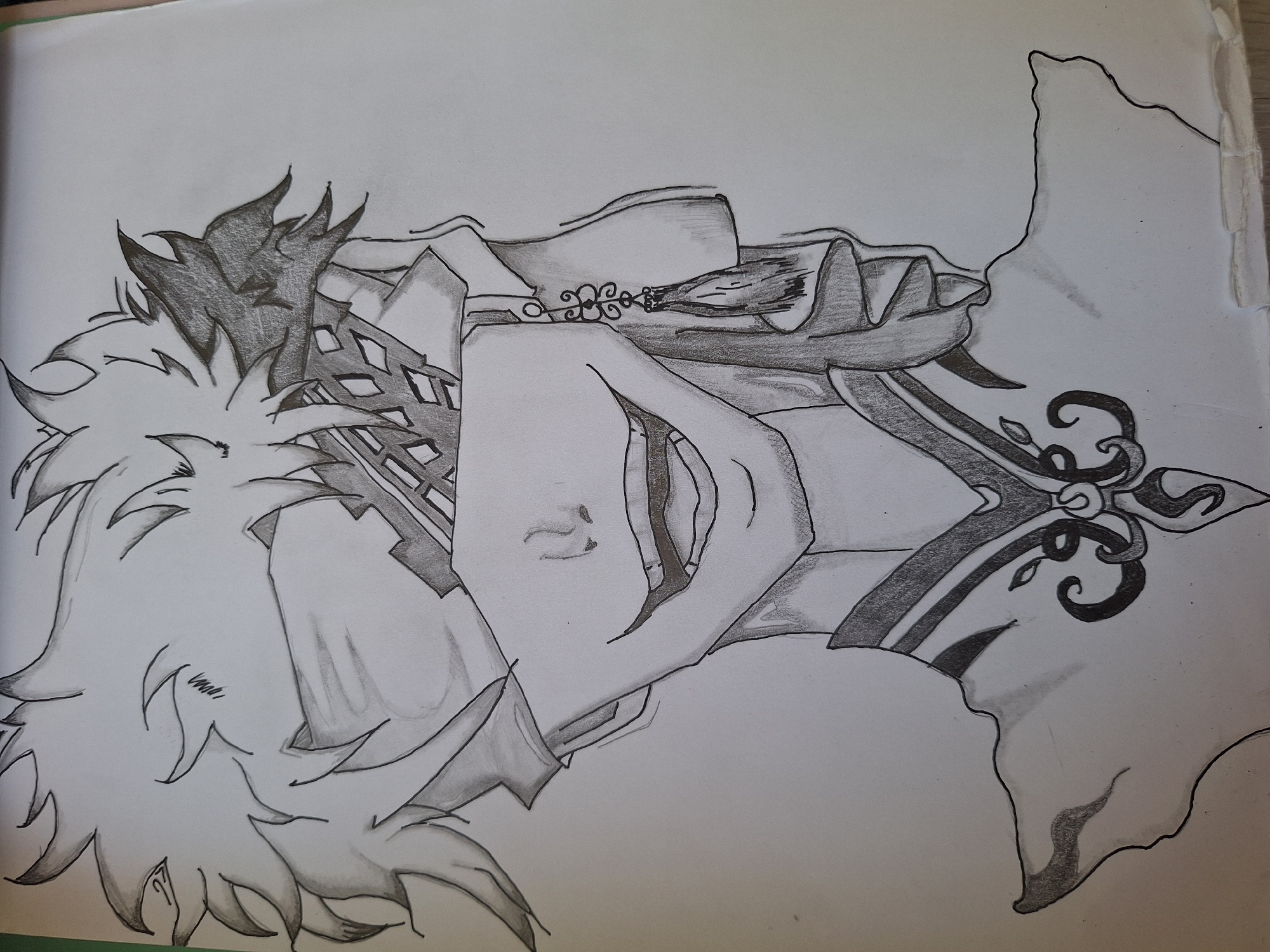The image is a pencil sketch of an anime-style character's upper body and head. The character has spiky blonde hair that partially obscures their face, which is covered by a blindfold. A patterned fabric or bandage is wrapped around their head, and a decorative earring dangles from their right ear. The character has a wide, unsettling grin, revealing sharp teeth. They are wearing a stylized outfit with ornate detailing around the neckline. The background is plain white paper, indicating the drawing is a standalone piece and not part of a larger scene. There is no discernible connection to Varna, Bulgaria, or any specific urban environment.