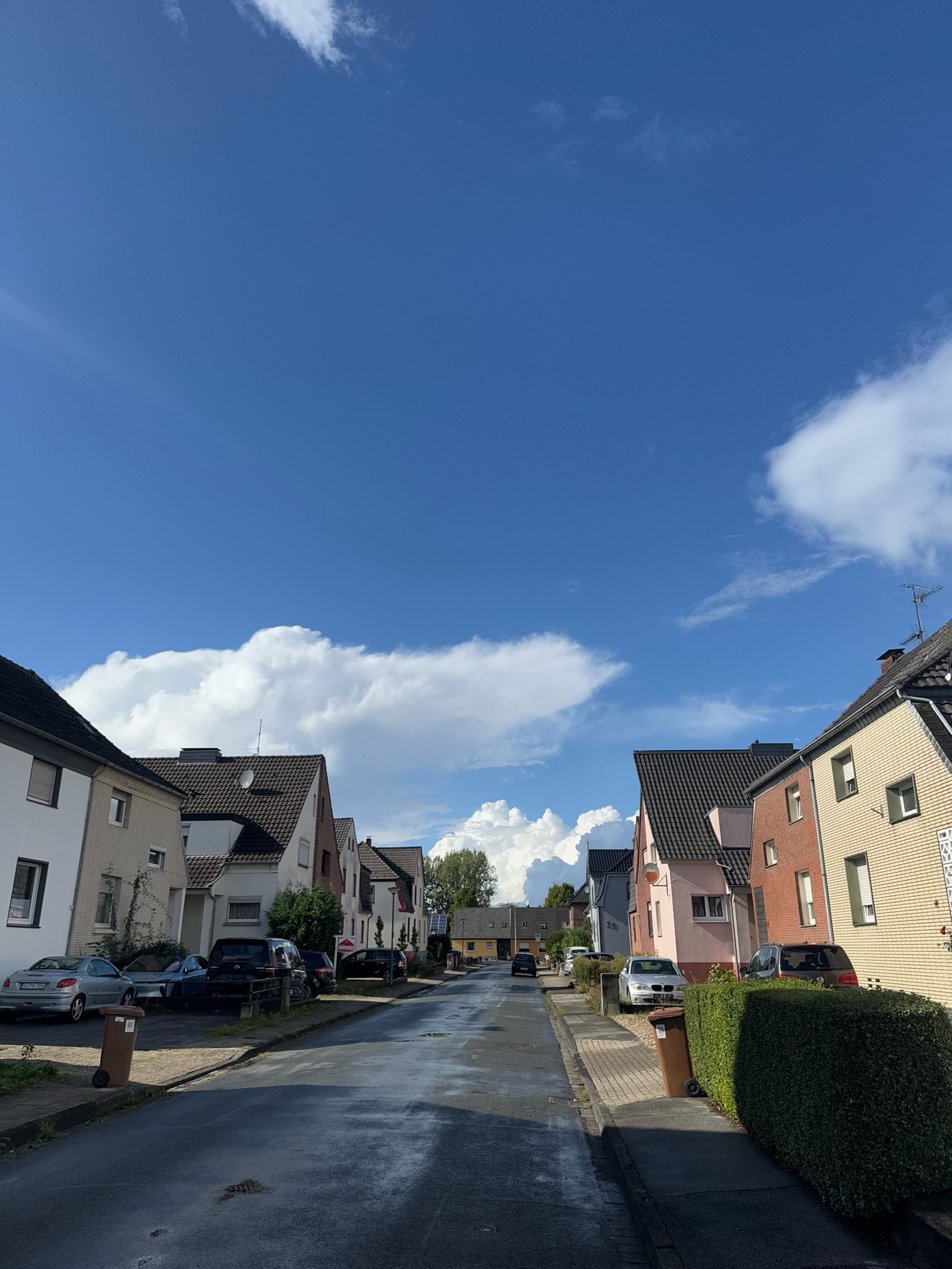 The image captures a residential street scene in Cleves, Germany, under a partly cloudy blue sky. The street is paved and appears wet, suggesting recent rain. On both sides of the street are terraced houses with pitched roofs, typical of German architecture. The houses vary in color, with shades of white, cream, pink, and red brick visible. Cars are parked along the sides of the street and on driveways. Green hedges and trees line parts of the street, adding to the residential atmosphere. In the foreground, a brown trash bin is visible on the left side of the street. The scene depicts a quiet, ordinary day in a German neighborhood.