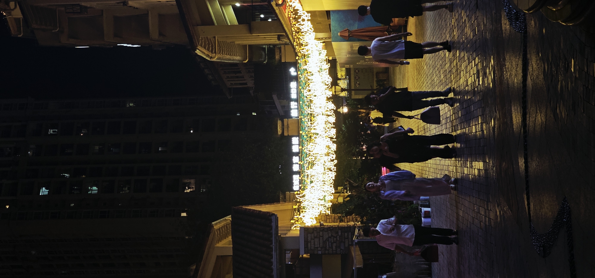 An exterior, low-angle, vertical shot taken at night shows a well-lit pedestrian walkway in the Chongqing High-tech Zone, China. Buildings with lights on are visible in the background, some appearing to be residential high-rises. A decorative archway adorned with numerous small, bright lights spans across the walkway, casting a warm glow. Several individuals are walking along the paved path. From left to right, a man in a white collared shirt and dark pants carries a dark bag. Next, a woman in a light-colored robe and pants walks with her head tilted back, appearing to be speaking. Following her is a woman in a dark top and pants. A man in a dark t-shirt and pants walks behind her, carrying a large dark bag. Further to the right, a man in a white t-shirt and dark shorts walks away from the camera, holding a bottle. Another man in a dark t-shirt and shorts is also walking away from the camera on the far right. The walkway is paved with rectangular stones, and shadows are cast on the ground from the figures and the overhead lights. The overall atmosphere is that of a lively commercial or entertainment area at night.