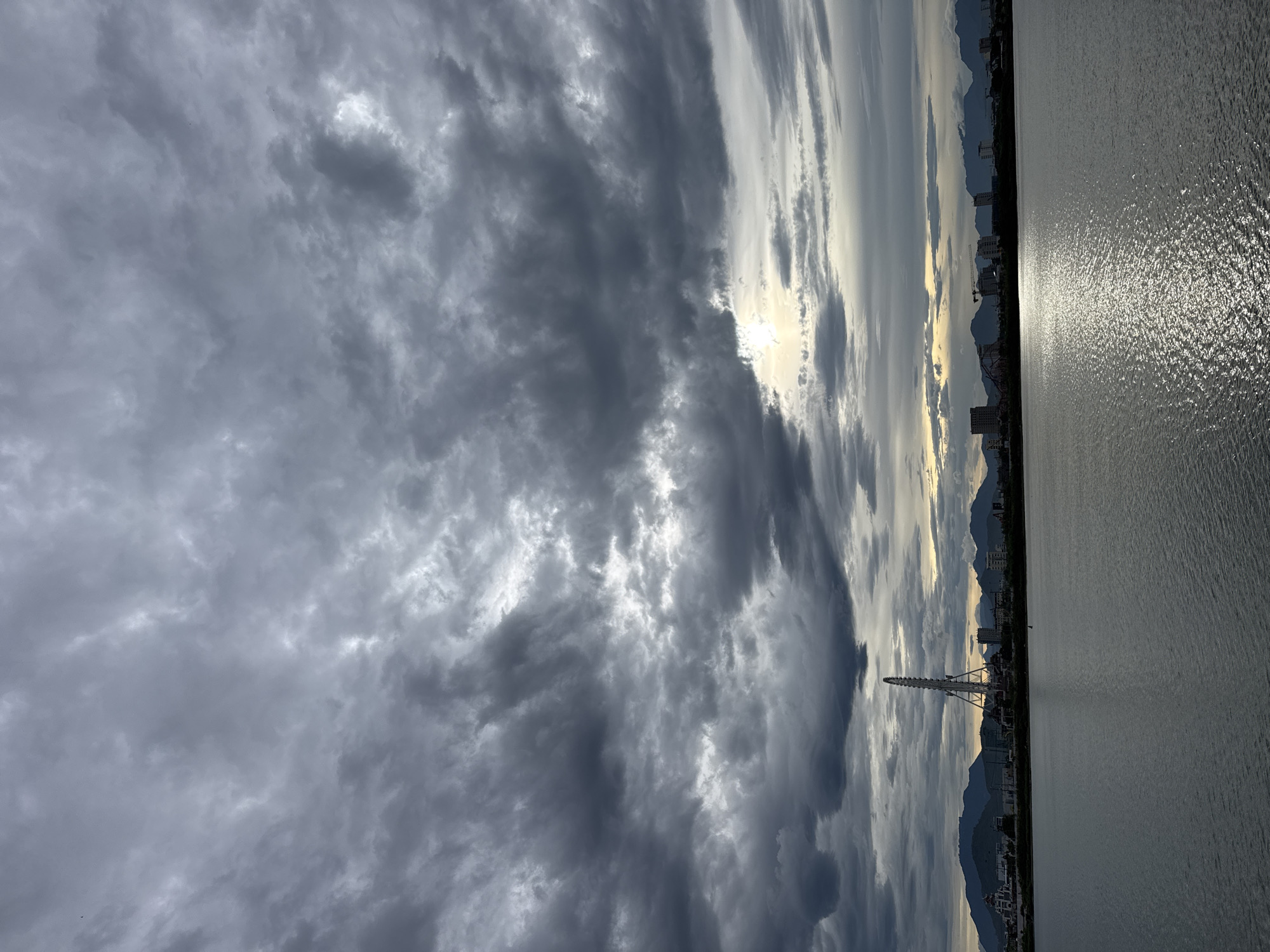 The image captures a wide shot of the Han River in Đà Nẵng, Vietnam, with the city skyline and mountains in the background under a dramatic, cloudy sky. The foreground is dominated by the calm, grey water of the river, reflecting the overcast sky and a sliver of sunlight breaking through the clouds on the horizon.
In the middle ground, the Đà Nẵng skyline is visible, featuring several buildings of varying heights. Most prominent is a tall, white Ferris wheel, its structure stark against the darker sky. The coastline stretches out, punctuated by more urban development and the distant, dark silhouette of mountains.
The sky is filled with heavy, textured clouds in shades of grey, with lighter patches where the sun attempts to break through, creating a dynamic and somewhat moody atmosphere. A few small birds are visible as tiny specks in the upper sky. The overall scene suggests a day with impending or recent rain, or simply a very cloudy overcast day. There are no people or animals clearly visible in the frame.