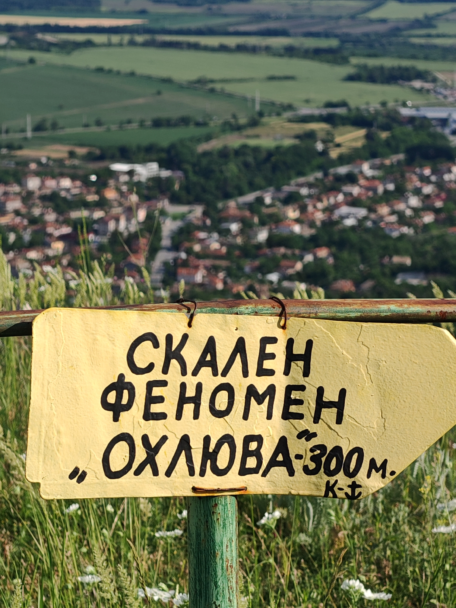 The image displays a yellow, arrow-shaped wooden sign with Cyrillic text, positioned in the lower-middle foreground, angled slightly upwards. The sign is hand-painted in black, reading "СКАЛЕН ФЕНОМЕН" (ROCK PHENOMENON) on the top line, and "„ОХЛЮВА“ ~300М." ("OHLYUVA" (THE SNAIL) ~300M.) on the second line. Below the second line, a smaller inscription "К-Т" is visible. The sign is attached to a rusty green metal support structure, possibly a fence rail or post, visible on its left and partially on the right. The paint on the sign shows texture and some minor wear.
The immediate foreground consists of green grass and various wild plants, including small white flowers, slightly out of focus. Behind the sign and vegetation, a panoramic view unfolds from an elevated perspective. The mid-ground reveals a sprawling settlement identified as the city of Shumen, Bulgaria, characterized by numerous buildings with red and orange tiled roofs, interspersed with green trees and urban infrastructure. This urban landscape is rendered with a shallow depth of field, resulting in a blurred, bokeh effect. In the distant background, gentle hills and flatlands are visible, covered with a mosaic of green fields, darker forested areas, and lighter cultivated patches under what appears to be a bright, diffused sky. No individuals or specific actions are discernible in the scene.