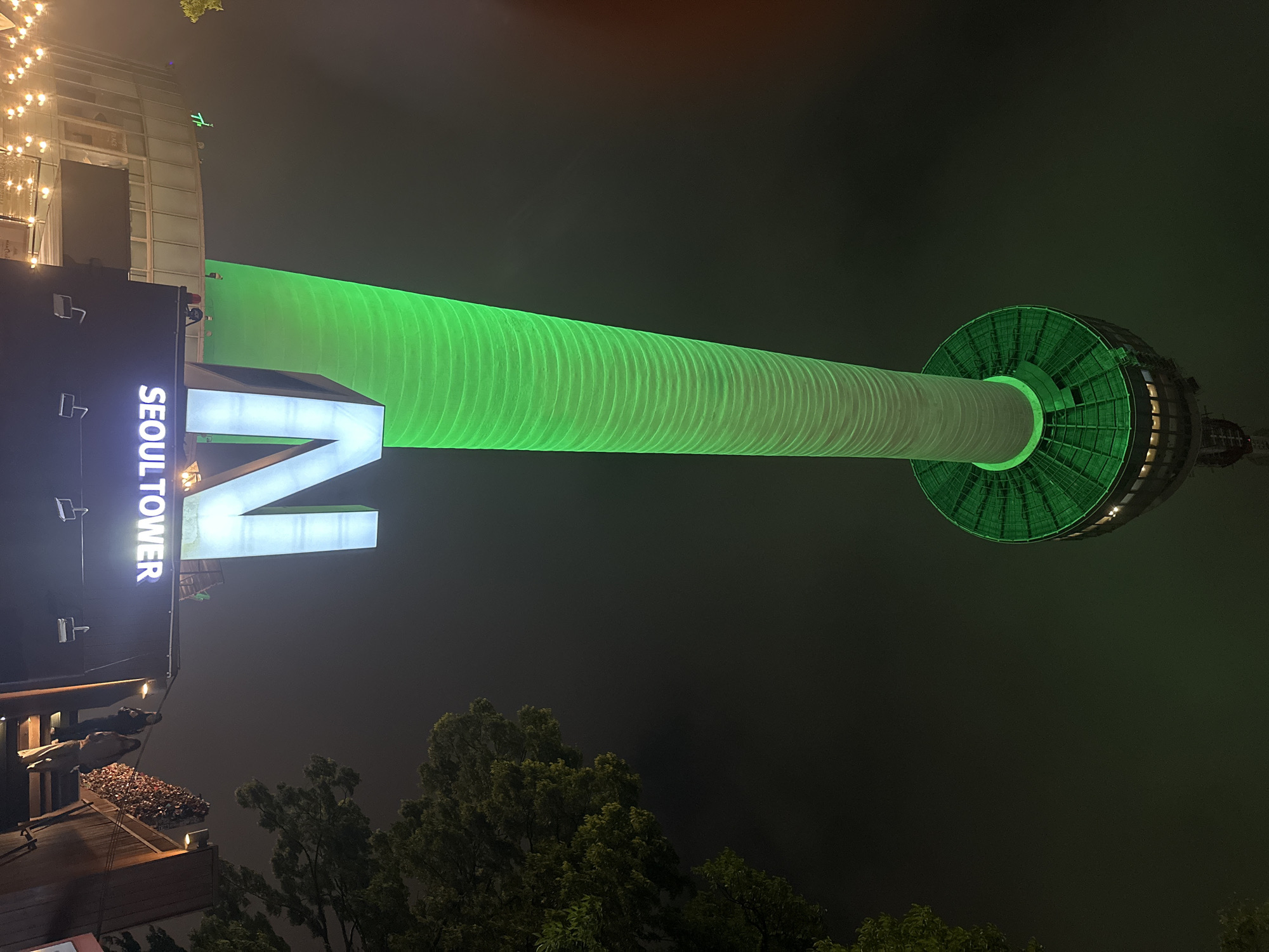 At night, a worm's-eye-view photograph depicts the N Seoul Tower, which is illuminated in green. The "N" in "SEOUL TOWER" is white and visible at the bottom-left. Trees are also visible in the lower part of the image, partially obscured by darkness. The image appears to have been taken from an angle that looks up towards the tower.