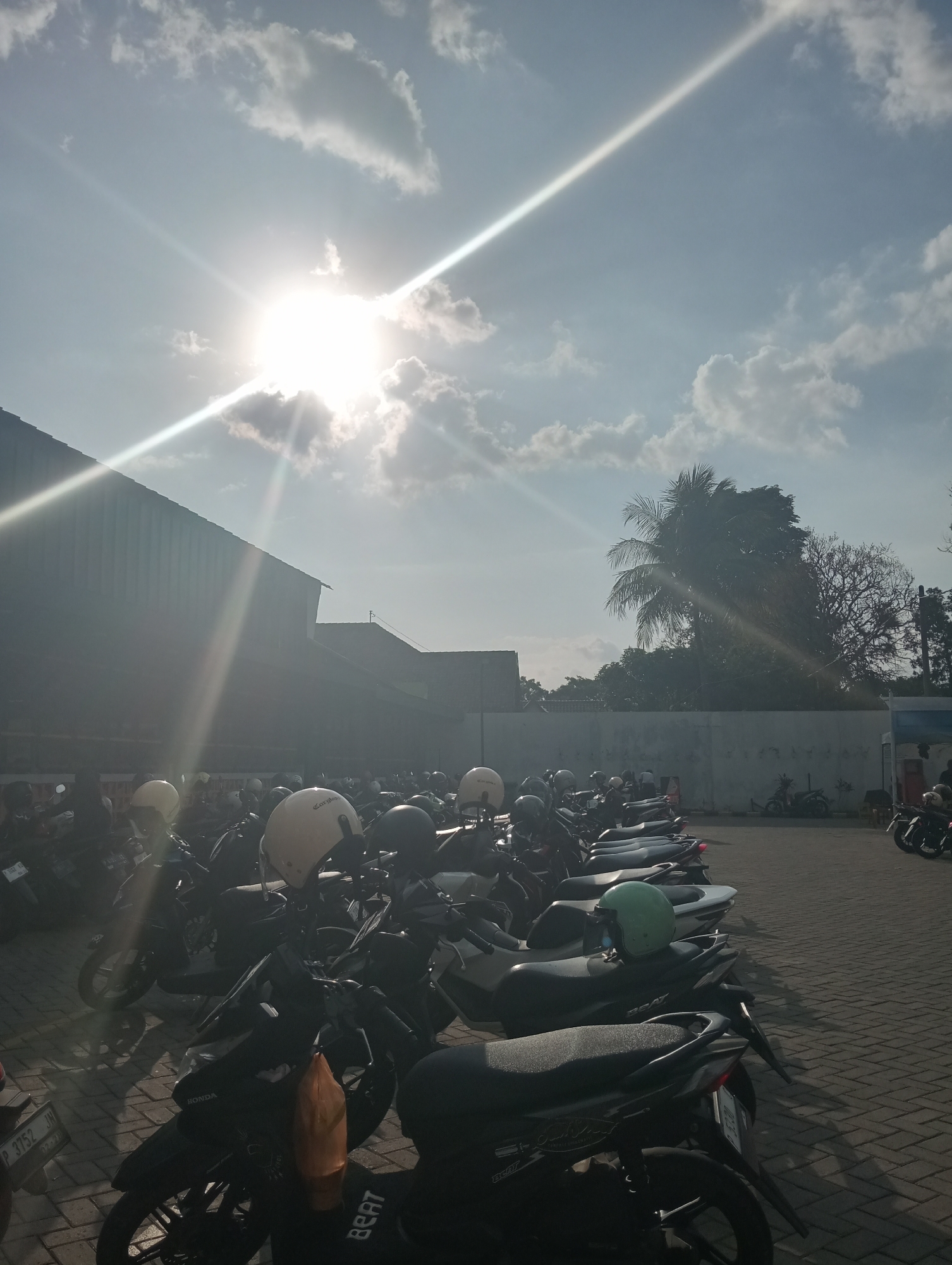 The image depicts a sunlit parking lot filled with many parked motorcycles, predominantly scooters. The sun is high in the sky, casting long shadows and creating lens flare across the scene. The motorcycles are parked on a paved surface made of interlocking bricks. In the background, there is a low-rise building with a dark roof, and further back, a line of trees, including a prominent palm tree, and a concrete wall. The sky is a light blue with scattered white clouds. The overall atmosphere suggests a warm, clear day in a tropical or subtropical climate. Based on the context of Jember, Indonesia, this is likely a public parking area, possibly at a commercial or institutional facility, where many people commute by motorcycle.