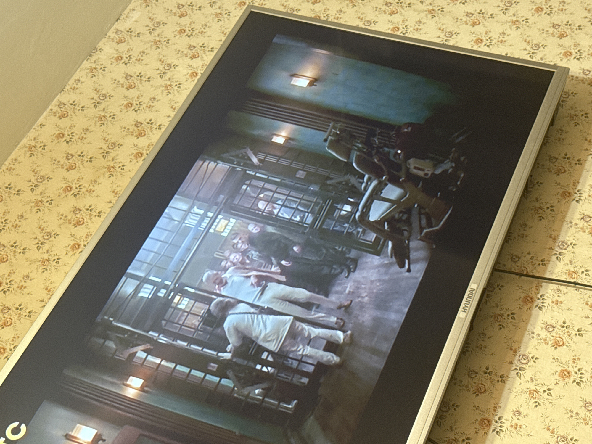 The image shows a Hyundai television displaying a scene of people lying in what appears to be cells. The setting seems to be indoors, with overhead lighting and metallic bars. The background has a floral pattern, indicating the TV is placed on a surface with a floral design. The image does not contain information to determine the location of Pushkino, Russia, or any action, interaction, subject or object found in that specific place.
