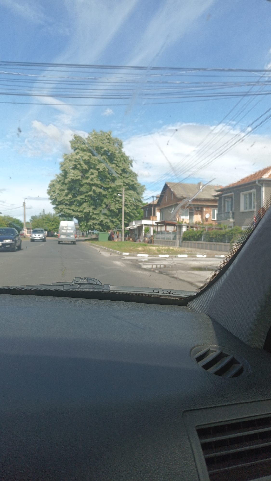 The image, taken from the interior of a car, shows a street scene in Popovitsa, Bulgaria. A large tree is visible in the middle distance on the left, next to a gray van and other cars. Houses line the right side of the street. Power lines run across the sky. The car's dashboard is in the foreground.