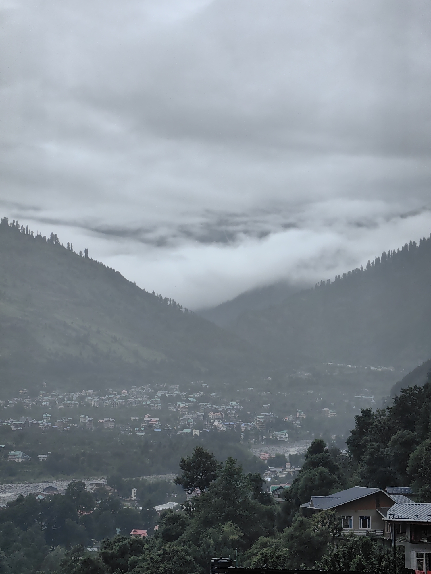 This is a vertical, eye-level, full shot of the mountain village of Vashisht, India, on a cloudy day. The sky is a uniform grey, with a band of white clouds obscuring the mountain peaks in the mid-ground. The upper slopes of the mountains on either side of the valley are covered in dark green pine trees, with the exception of a few barren patches. The village is nestled in the valley below, a dense cluster of multi-story buildings with varying roof colors, including teal, red, and grey. A river or stream is visible in the valley floor, winding through the buildings. In the foreground, the dark green foliage of trees obscures the lower portion of the scene. Two buildings are partially visible in the lower right corner. The building on the left has a grey, slanted roof and light-colored walls with visible windows. The building on the right has a grey, corrugated roof. The overall impression is one of a damp, overcast day in a densely populated mountain settlement.